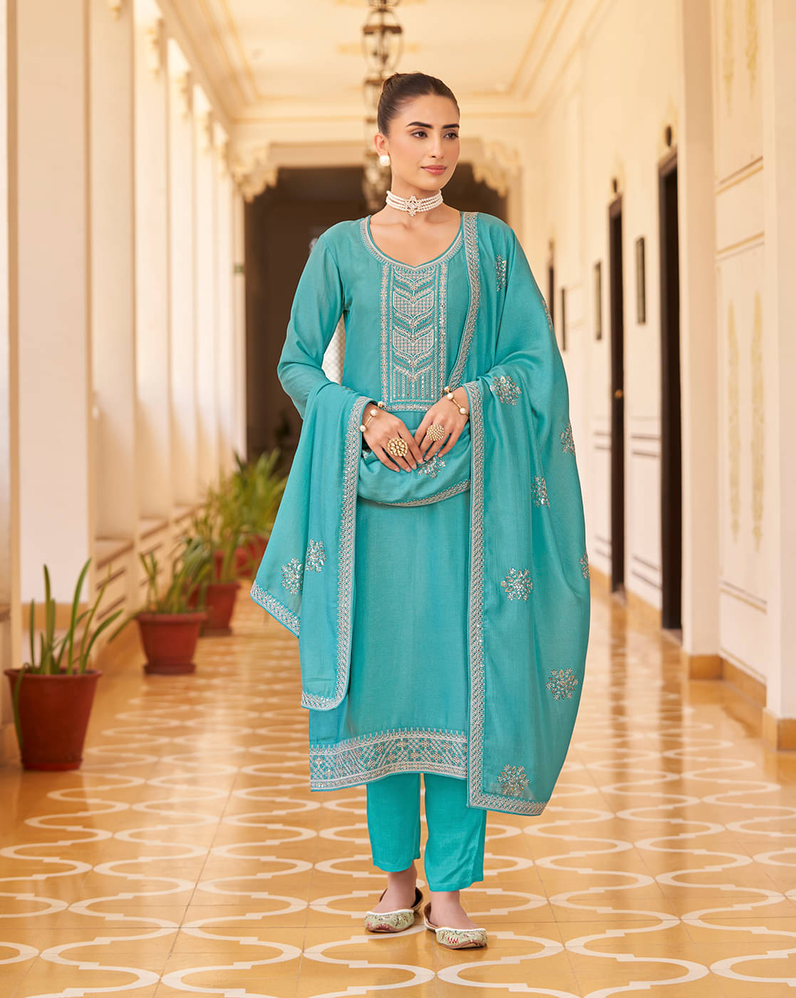    			Shaily Retails Silk Blend Embroidered Kurti With Pants Women's Stitched Salwar Suit - Blue ( Pack of 1 )