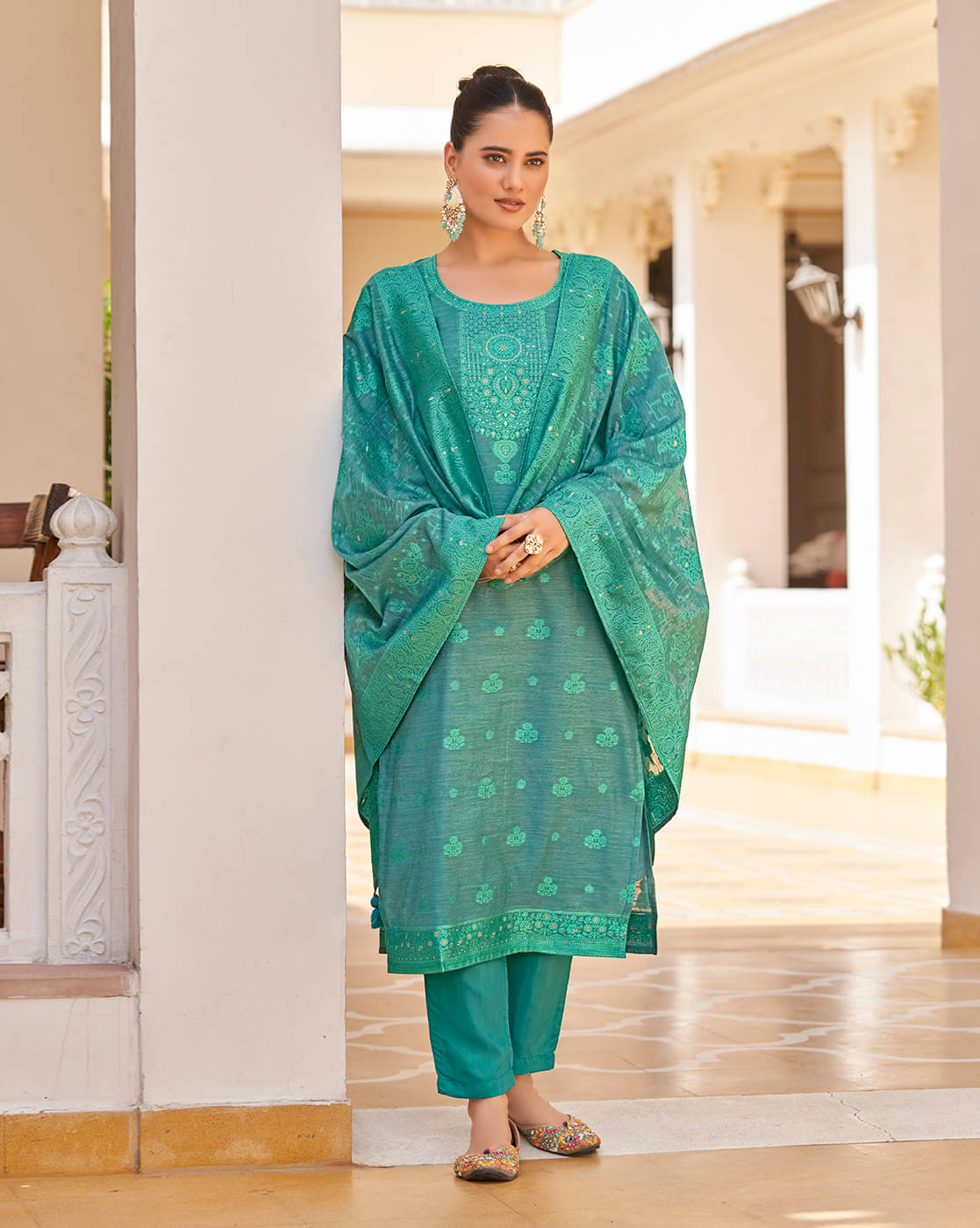 Shaily Retails Silk Blend Embroidered Kurti With Pants Women's Stitched Salwar Suit - Blue ( Pack of 1 ) Shaily Retails Silk Blend Embroidered Kurti With Pants Women's Stitched Salwar Suit - Blue ( Pack of 1 )