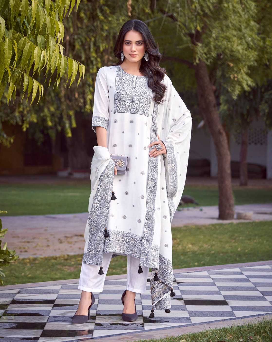     			Shaily Retails Silk Blend Self Design Kurti With Pants Women's Stitched Salwar Suit - White ( Pack of 1 )
