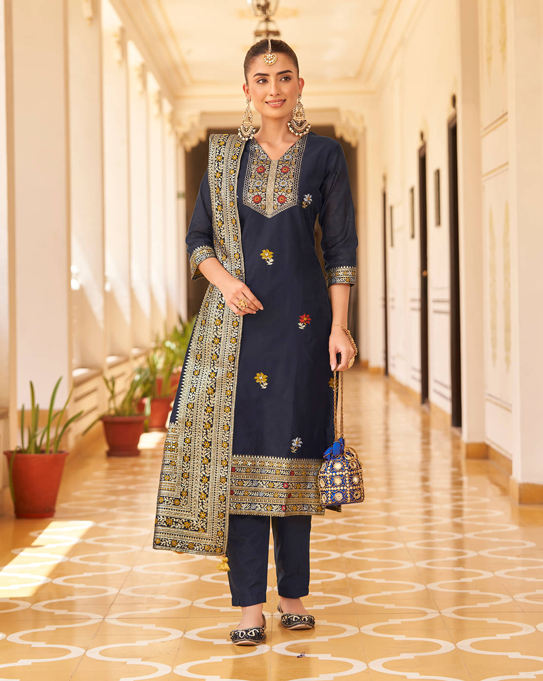     			Shaily Retails Silk Blend Self Design Kurti With Pants Women's Stitched Salwar Suit - Navy ( Pack of 1 )
