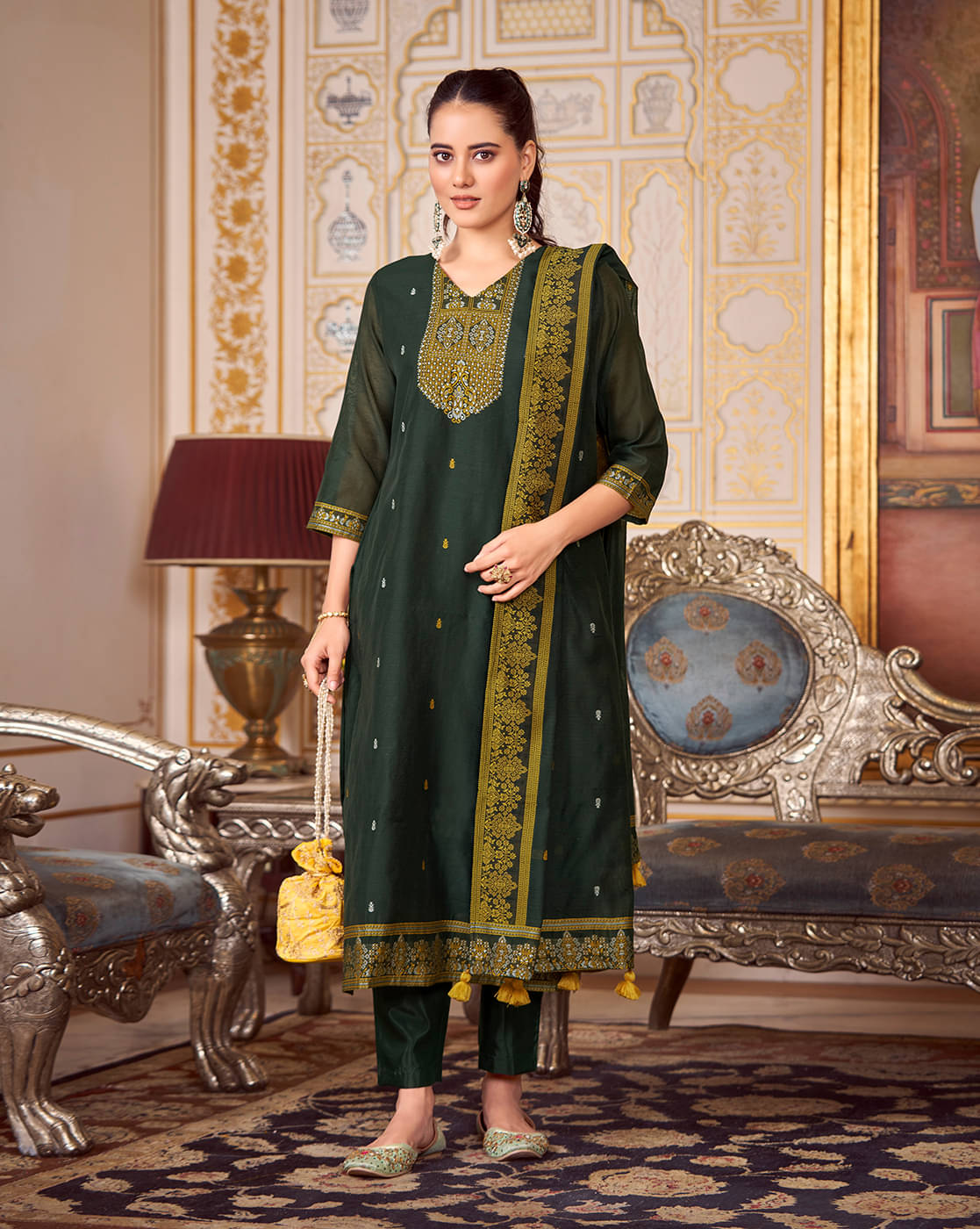     			Shaily Retails Silk Blend Self Design Kurti With Pants Women's Stitched Salwar Suit - Dark Green ( Pack of 1 )