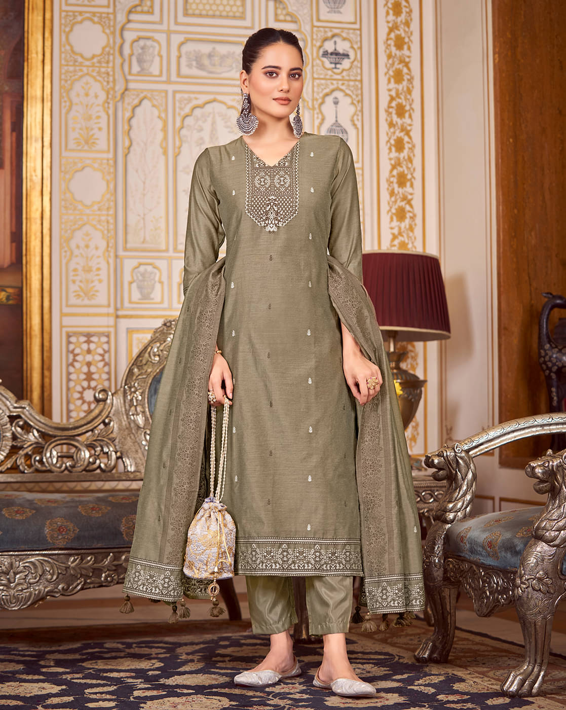     			Shaily Retails Silk Blend Self Design Kurti With Pants Women's Stitched Salwar Suit - Grey ( Pack of 1 )