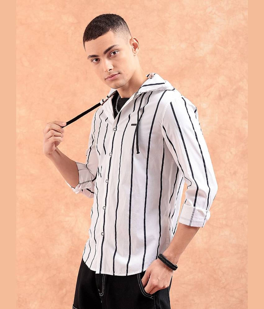 The Indian Garage Co Men White & Black Slim Fit Striped Hooded Casual Shirt
