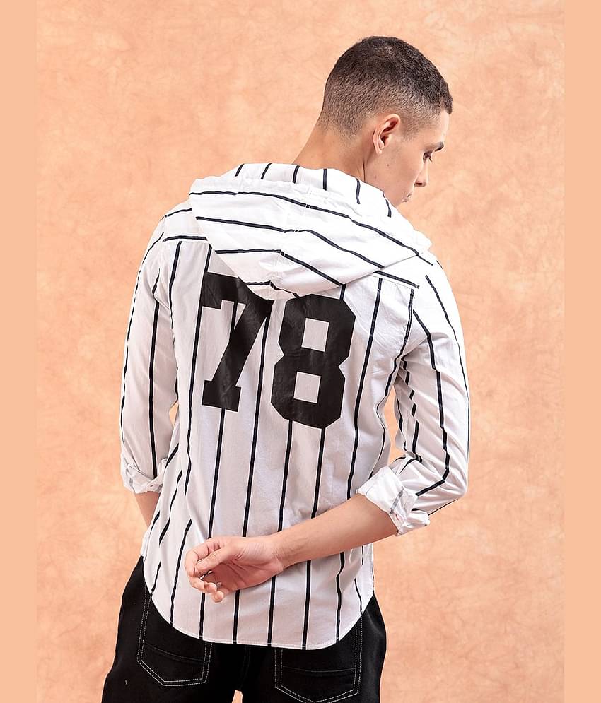 The Indian Garage Co Men White & Black Slim Fit Striped Hooded Casual Shirt