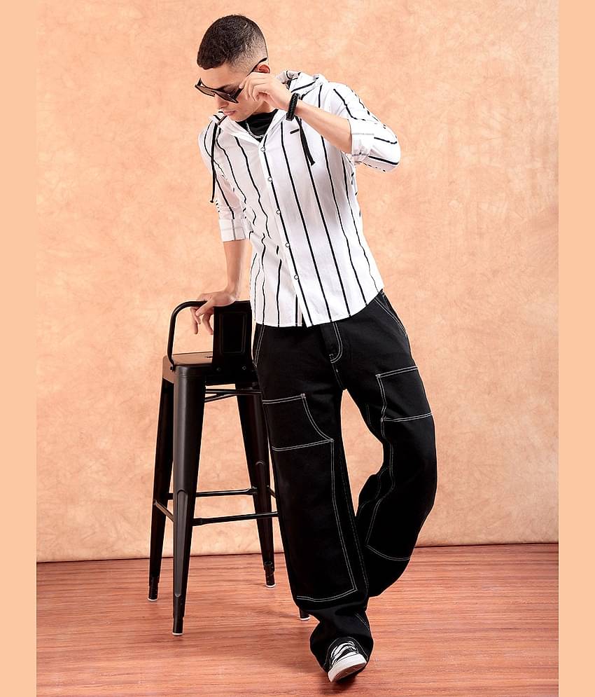The Indian Garage Co Men White & Black Slim Fit Striped Hooded Casual Shirt