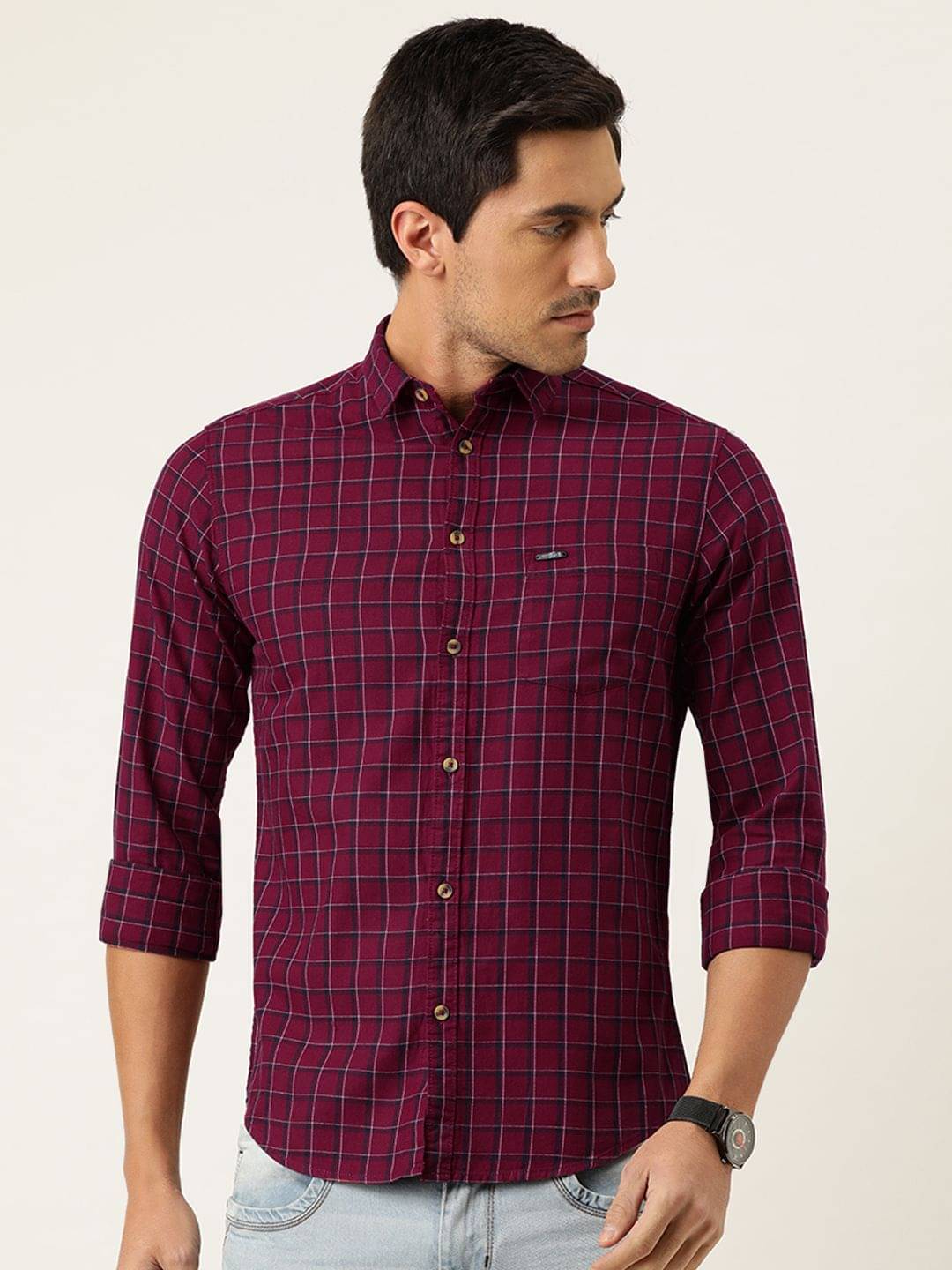 The Indian Garage Co Men Maroon & Navy Blue Slim Fit Checked Casual Shirt The Indian Garage Co Men Maroon & Navy Blue Slim Fit Checked Casual Shirt