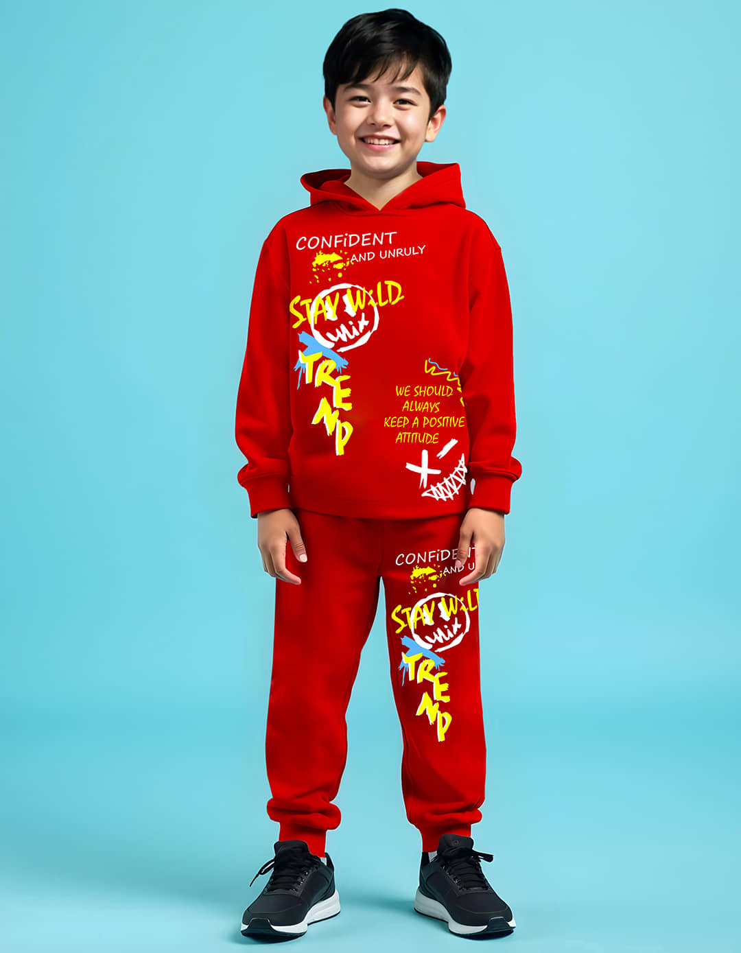 Trampoline Pack of 1 Boys Cotton Blend T-Shirt & Trackpants Set ( Red )