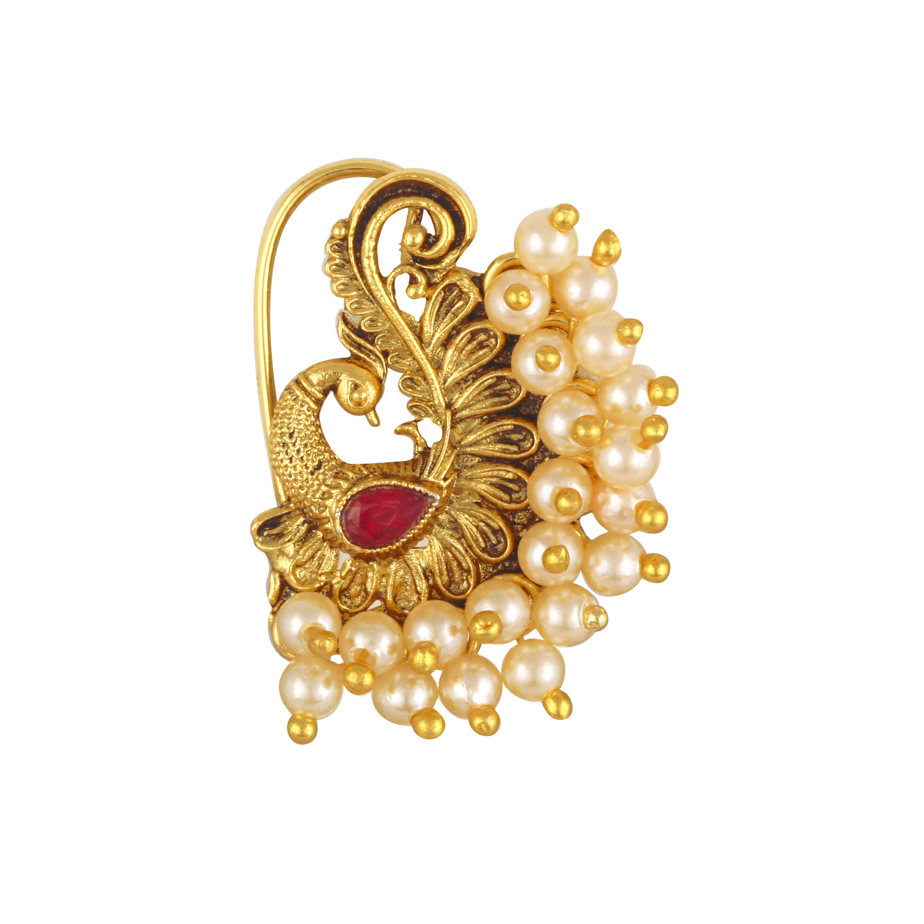     			Vighnaharta Gold Plated Green Pearls (Moti ) mayur Peacock Alloy Maharashtrian Cultural Nath Nathiya./ Nose Pin for women[VFJ1284NTH-PRESS-RED]
