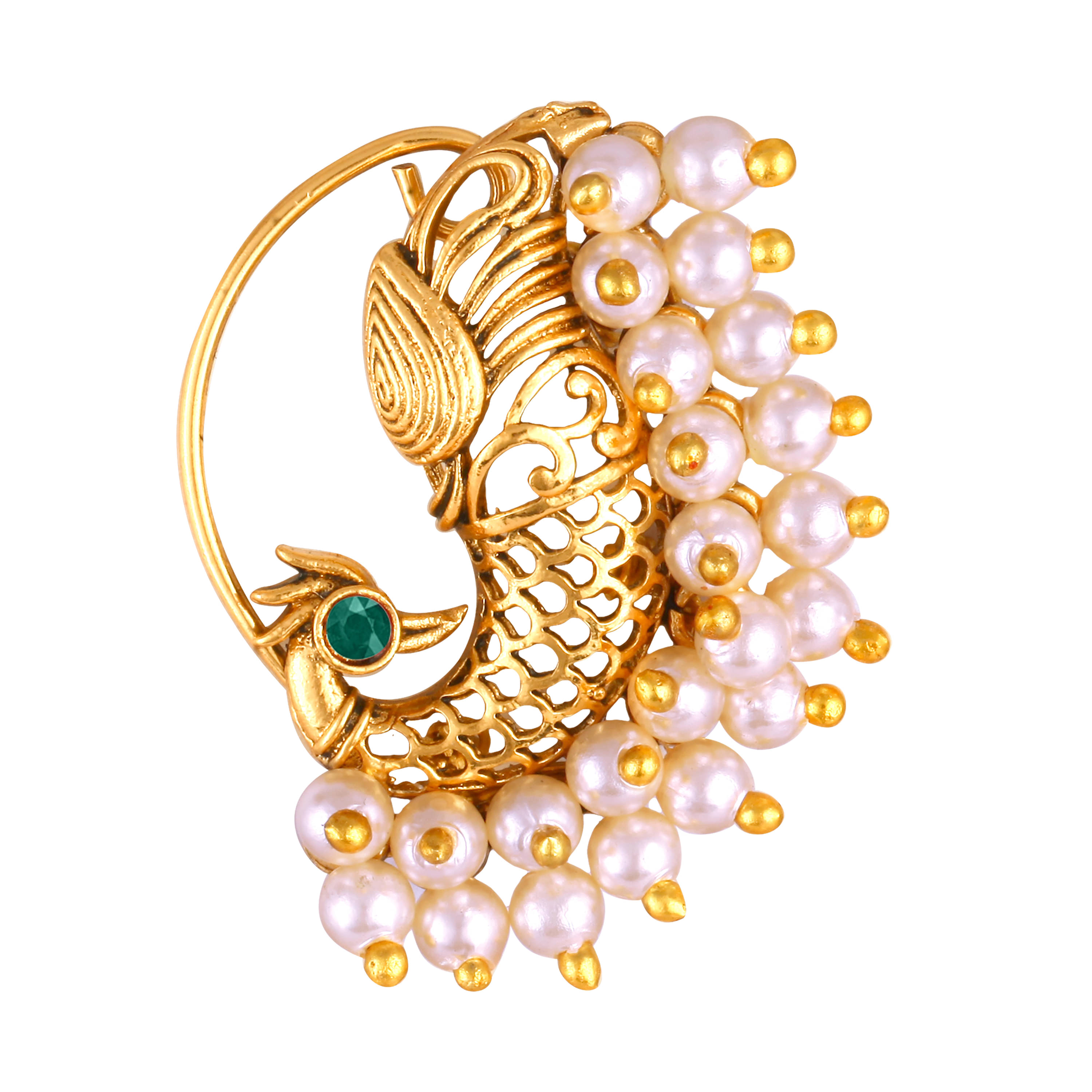     			Vighnaharta Gold Plated Mayur Design with Moti Pearls Alloy Maharashtrian Cultural Nath Nathiya./ Nose Pin for women[VFJ1276NTH-PRESS-GREEN]