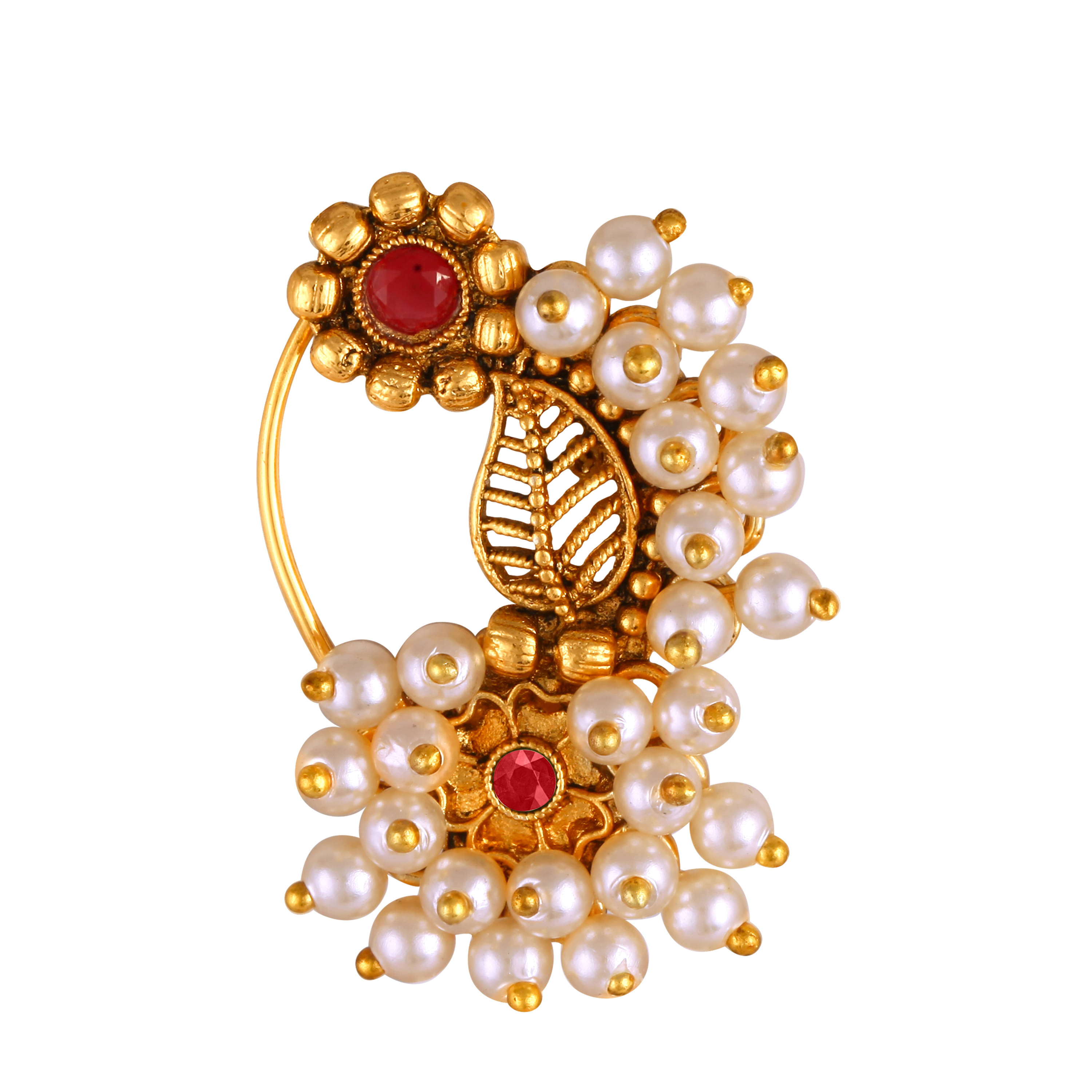     			Vighnaharta Gold Plated Red Pearls (Moti ) mayur Pankh Peacock Alloy Maharashtrian Cultural Nath Nathiya./ Nose Pin for women[VFJ1280NTH-PRESS-RED]