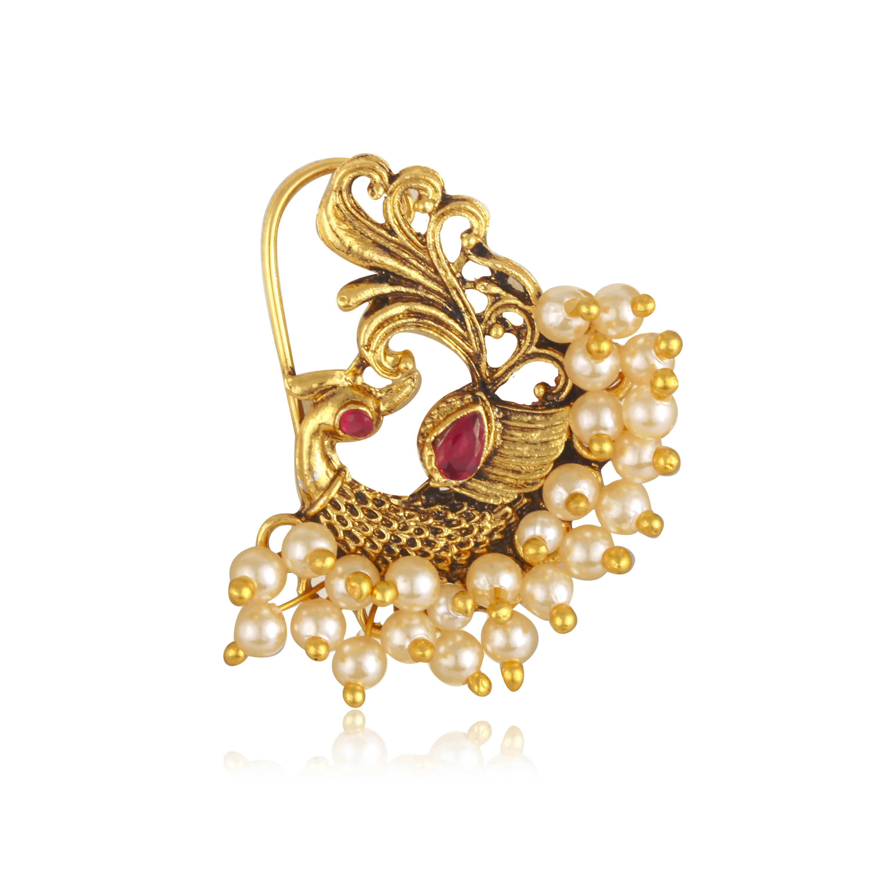     			Vighnaharta Gold Plated Red Pearls (Moti ) Mayur Peacock Alloy Maharashtrian Cultural Nath Nathiya./ Nose Pin for women[VFJ1282NTH-PRESS-RED]