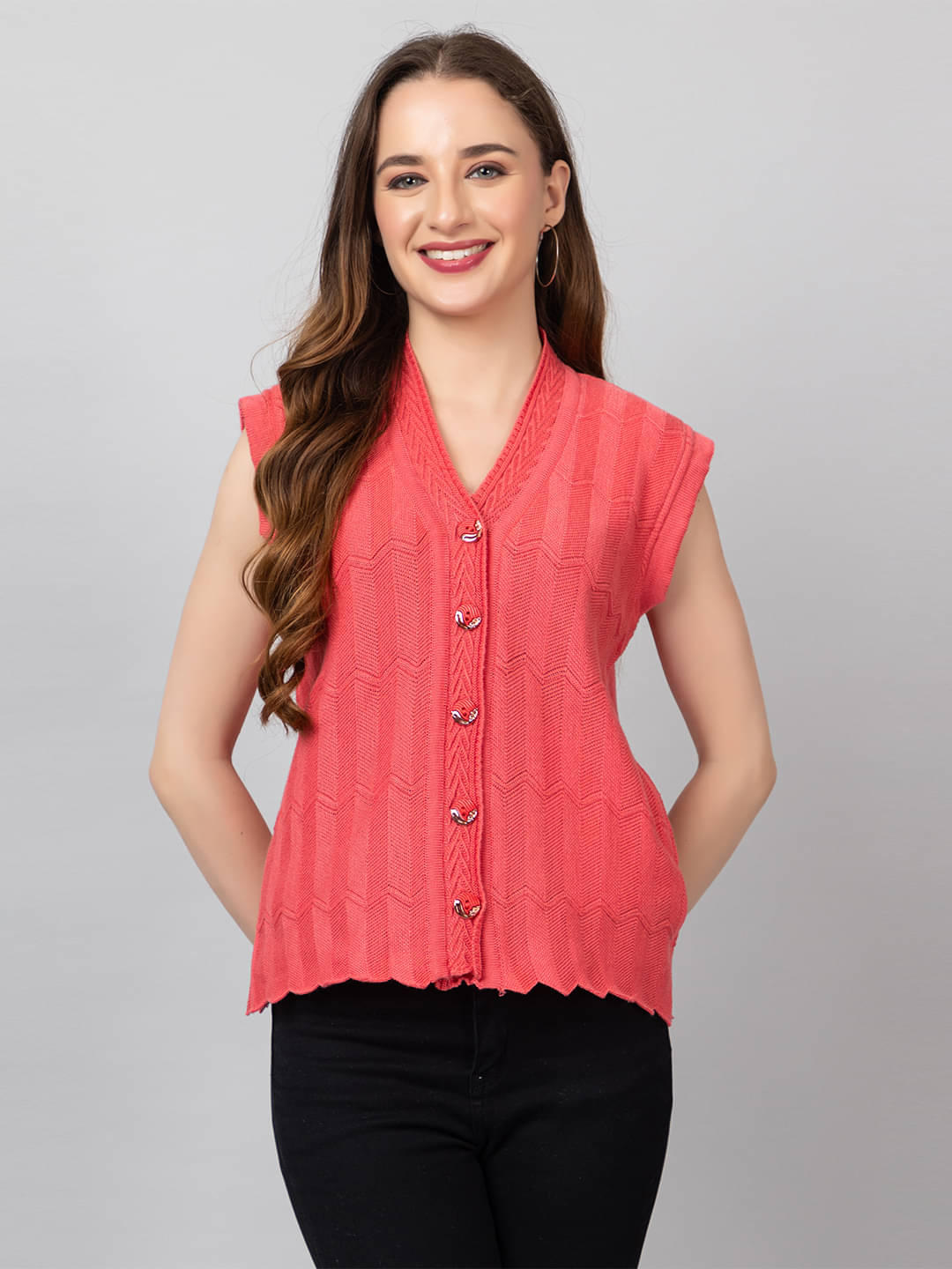 tysort Acrylic V Neck Women's Buttoned Cardigans - Pink (Pack of 1) tysort Acrylic V Neck Women's Buttoned Cardigans - Pink (Pack of 1)