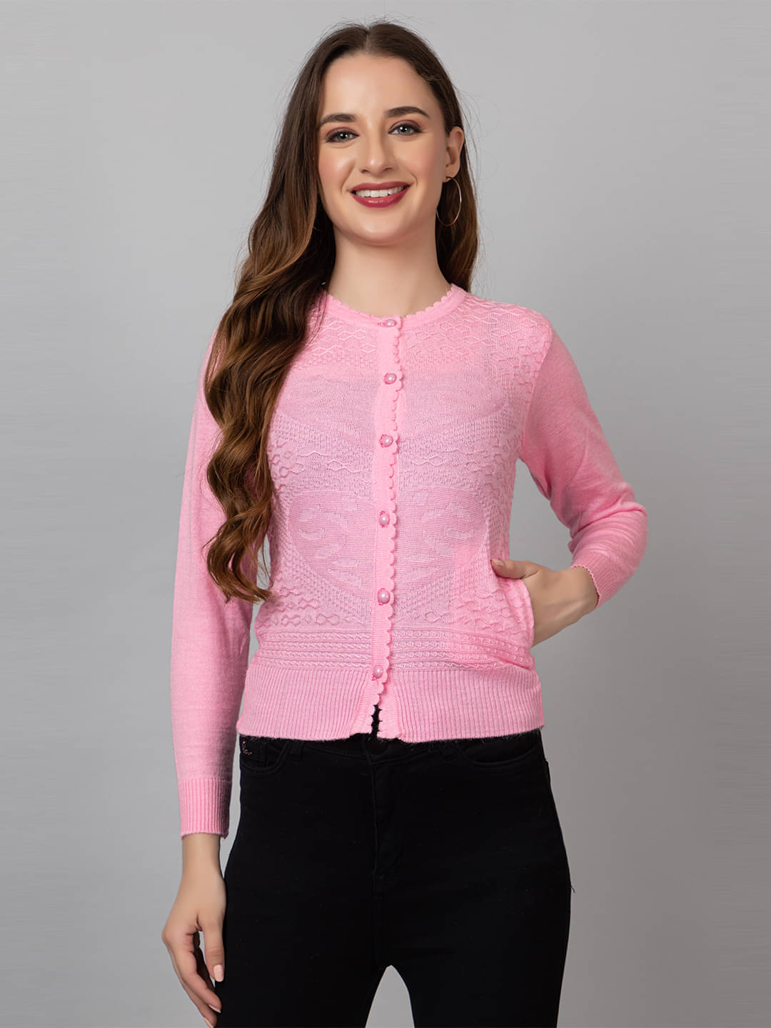     			tysort Woollen Round Neck Women's Buttoned Cardigans - Pink (Pack of 1)