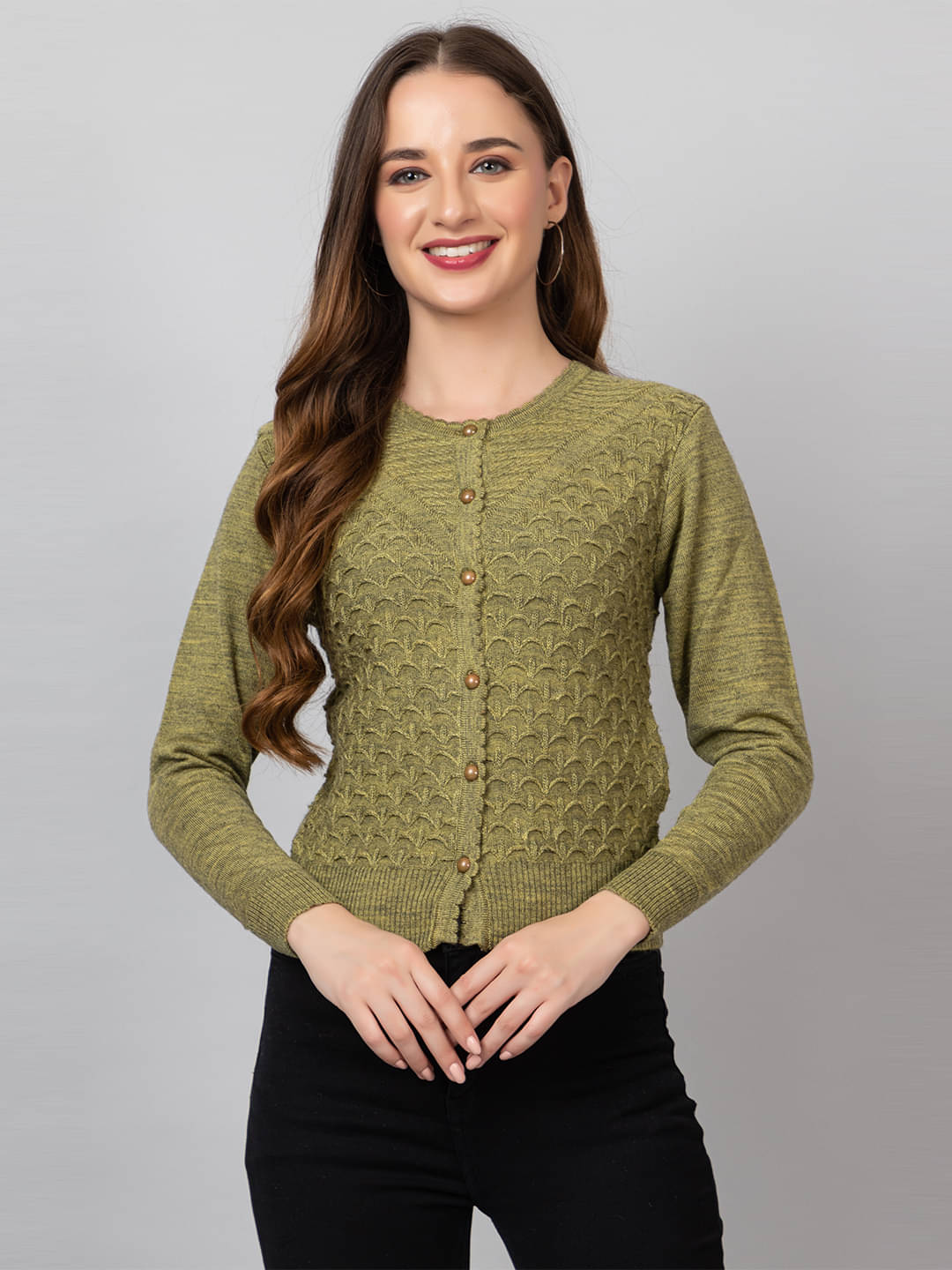 tysort Woollen Round Neck Women's Buttoned Cardigans - Green (Pack of 1) tysort Woollen Round Neck Women's Buttoned Cardigans - Green (Pack of 1)