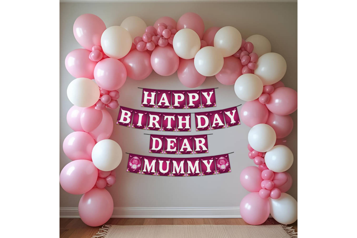     			1iAM Happy Birthday Decoration Items For Mother - Pack of 42 | 1pc Magenta & White "HAPPY BIRTHDAY DEAR MUMMY" Paper Banner, 40pcs Balloons & 1pc Arch | Birthday Decor Set For Mom, Mummy, Amma, Maa