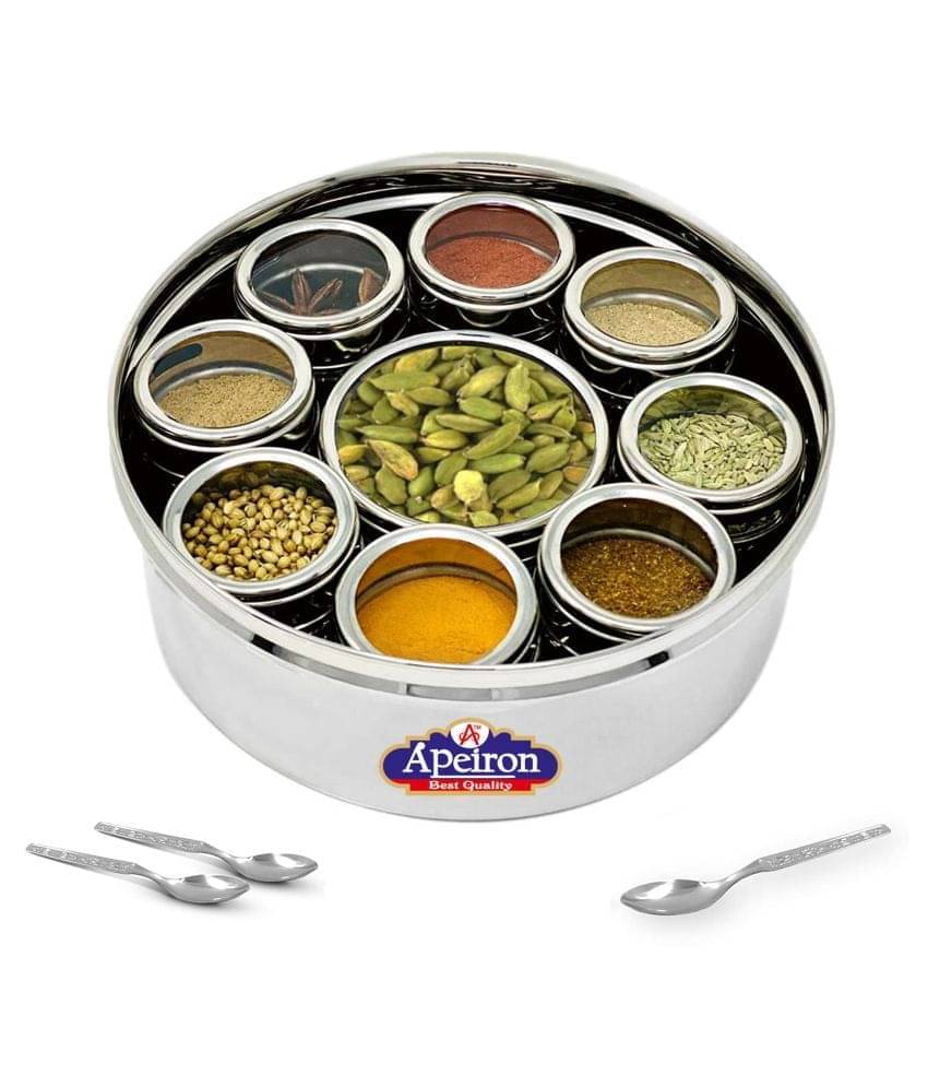     			APEIRON 8+1 Masala Dabba Steel Silver Spice Container ( Set of 1 )