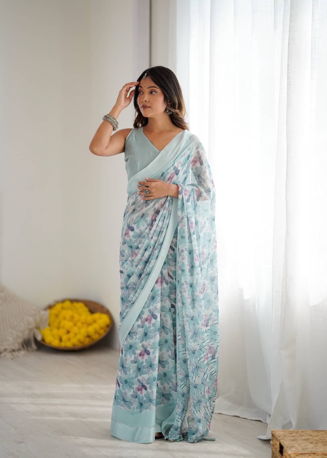     			BLEESBURY Chiffon Printed Regular Saree With Unstitched Blouse Piece ( Sky Blue )