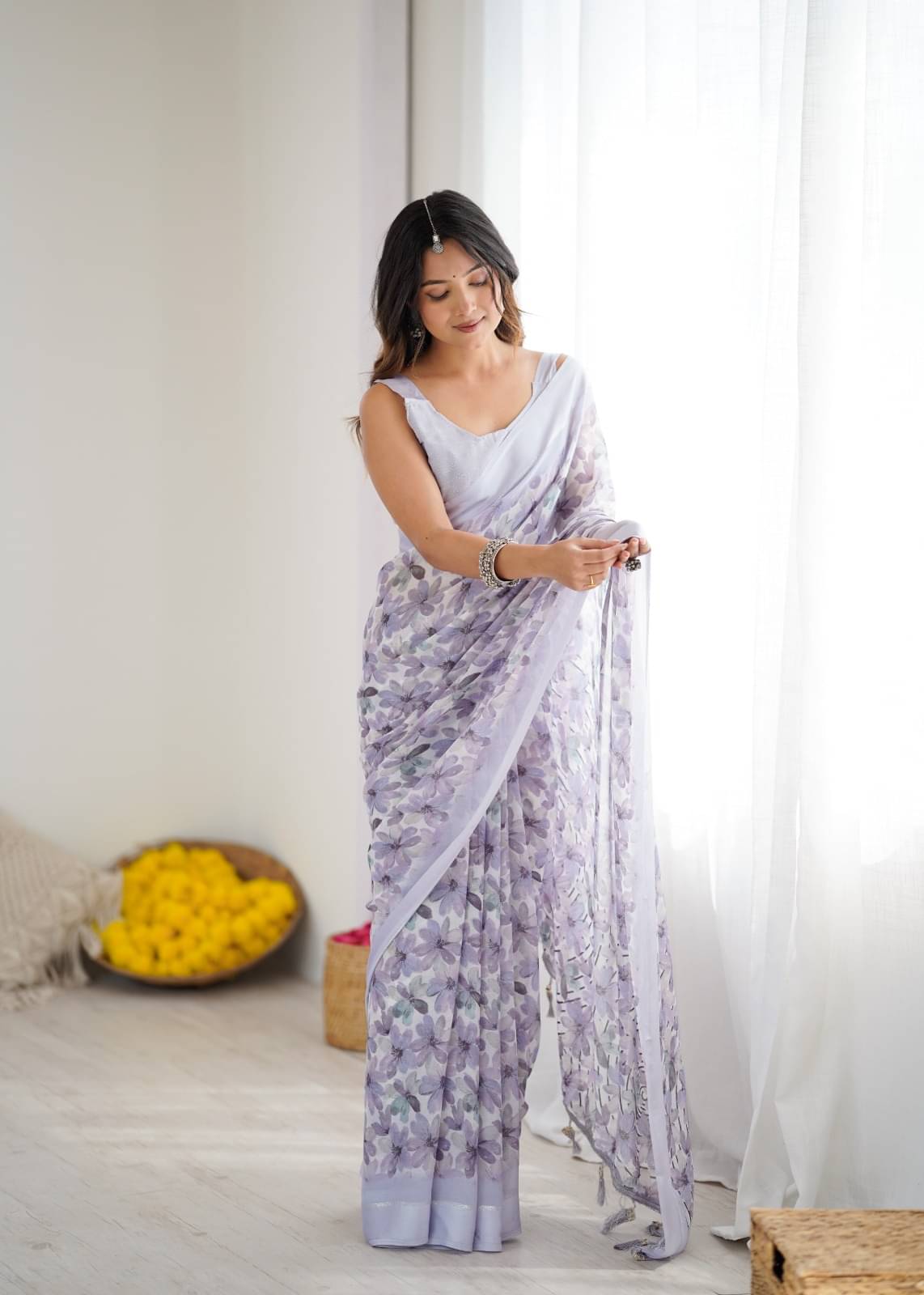 BLEESBURY Chiffon Printed Regular Saree With Unstitched Blouse Piece ( Purple ) BLEESBURY Chiffon Printed Regular Saree With Unstitched Blouse Piece ( Purple )