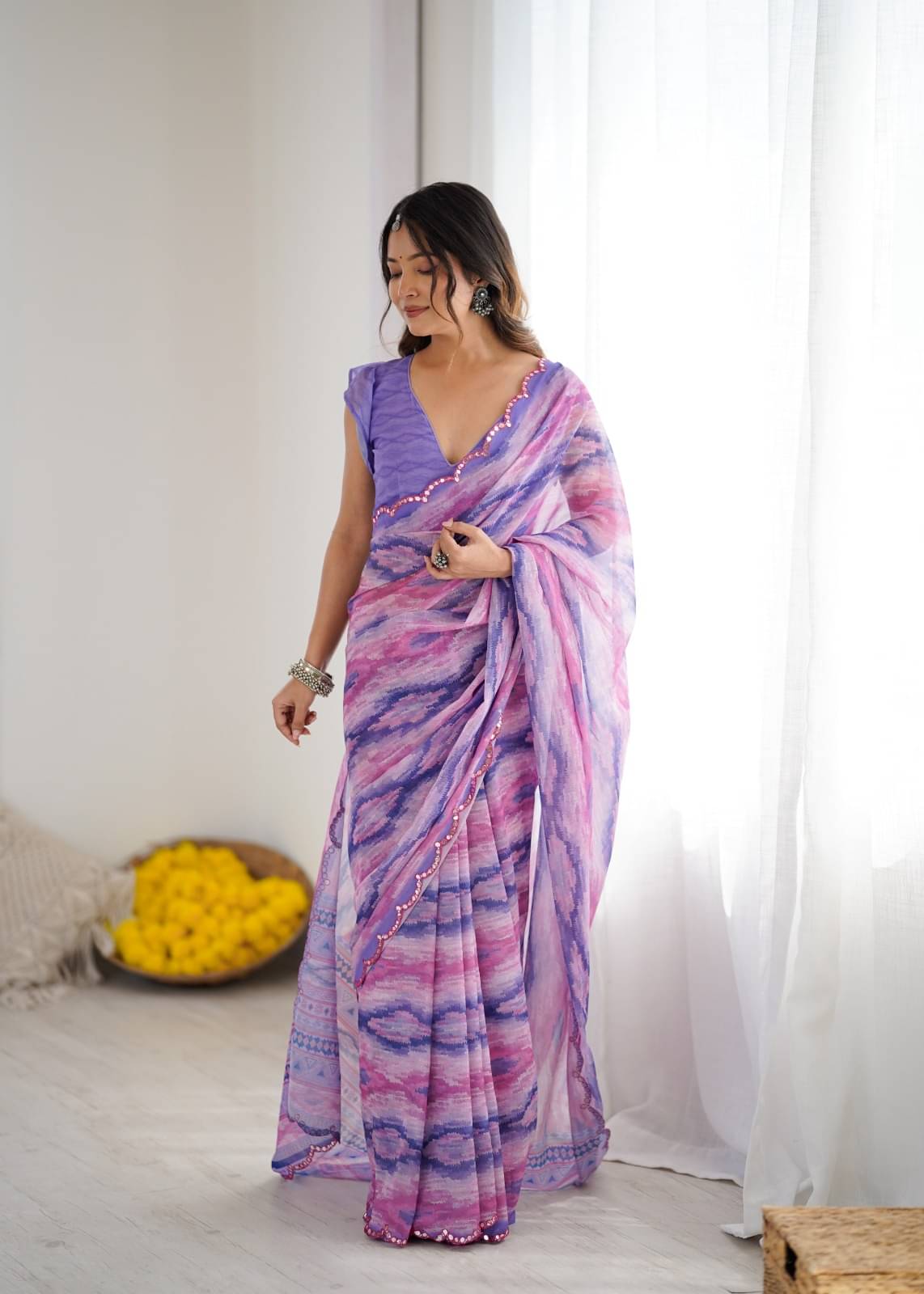 BLEESBURY Georgette Printed Regular Saree With Unstitched Blouse Piece ( Purple ) BLEESBURY Georgette Printed Regular Saree With Unstitched Blouse Piece ( Purple )