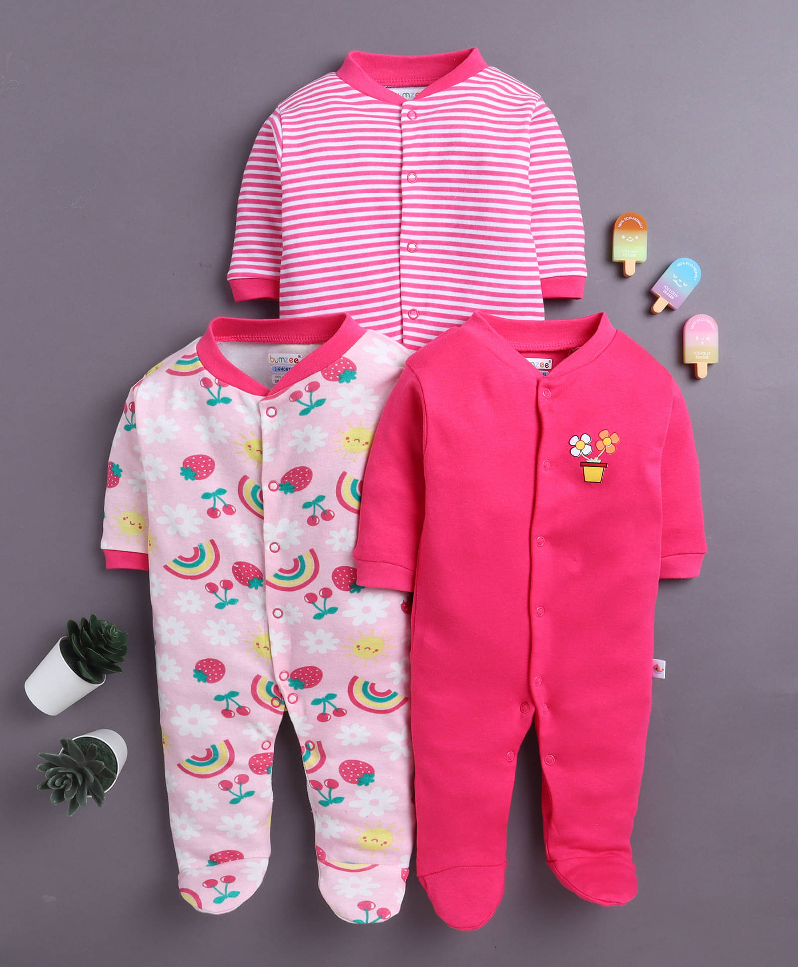     			BUMZEE Pack of 3 Baby Girls Cotton Rompers ( Pink )