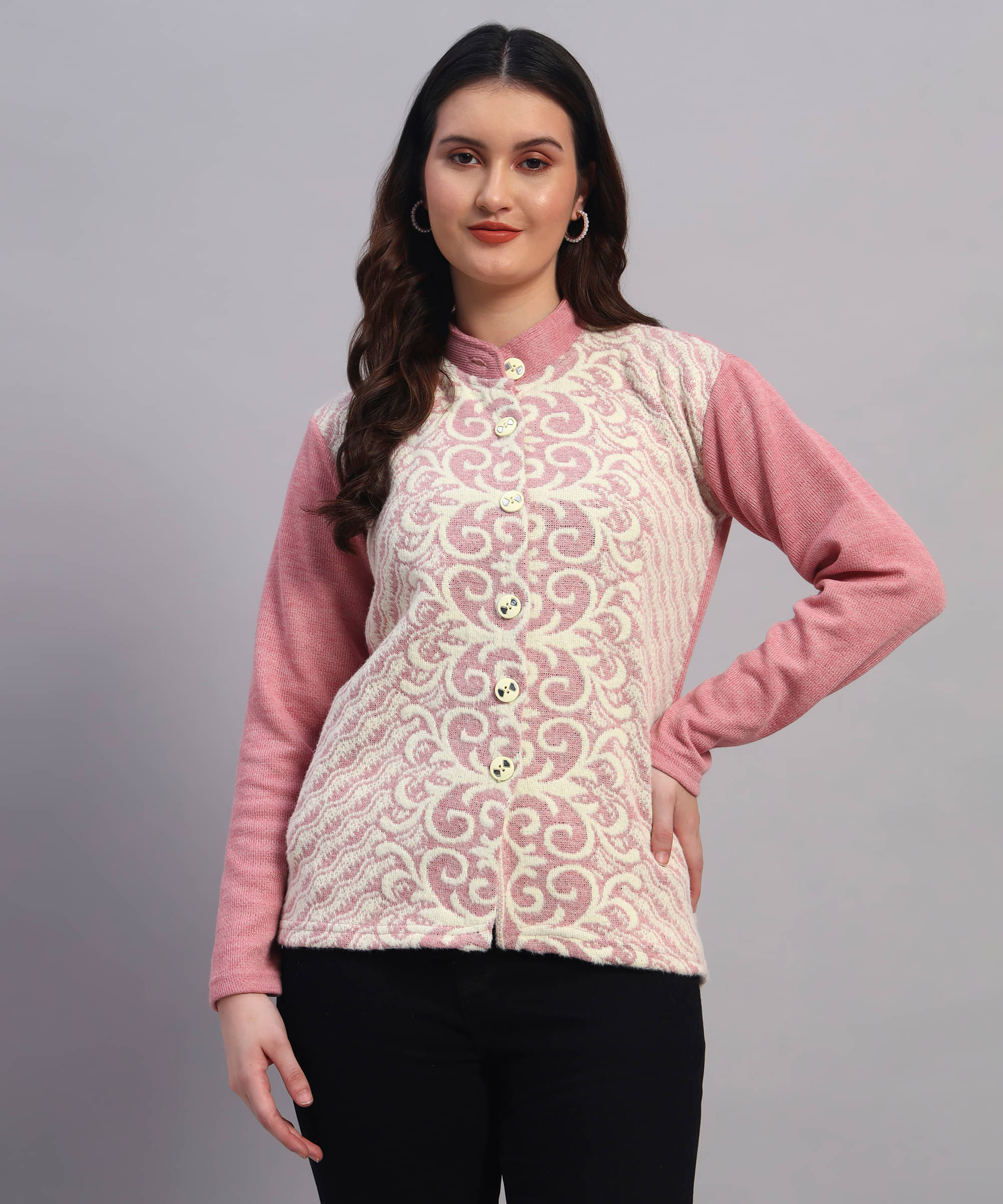 Christy World Woollen Round Neck Women's Buttoned Cardigans - Pink ( Pack of 1 ) Christy World Woollen Round Neck Women's Buttoned Cardigans - Pink ( Pack of 1 )