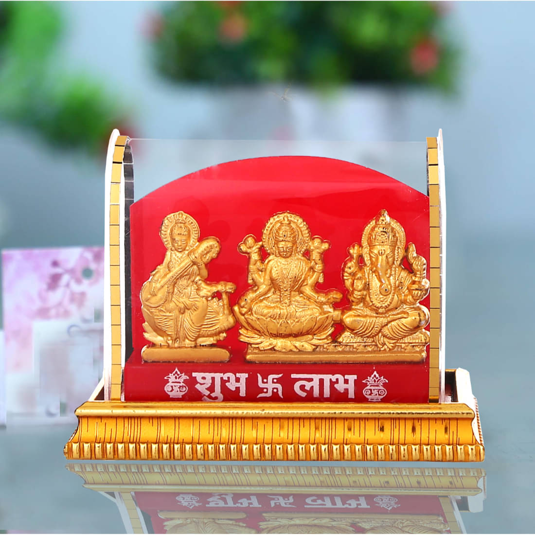     			Golden Laxmi Ganesh Saraswati Idol Showpiece with Shubh Labh Inscription for Home & Office Decor