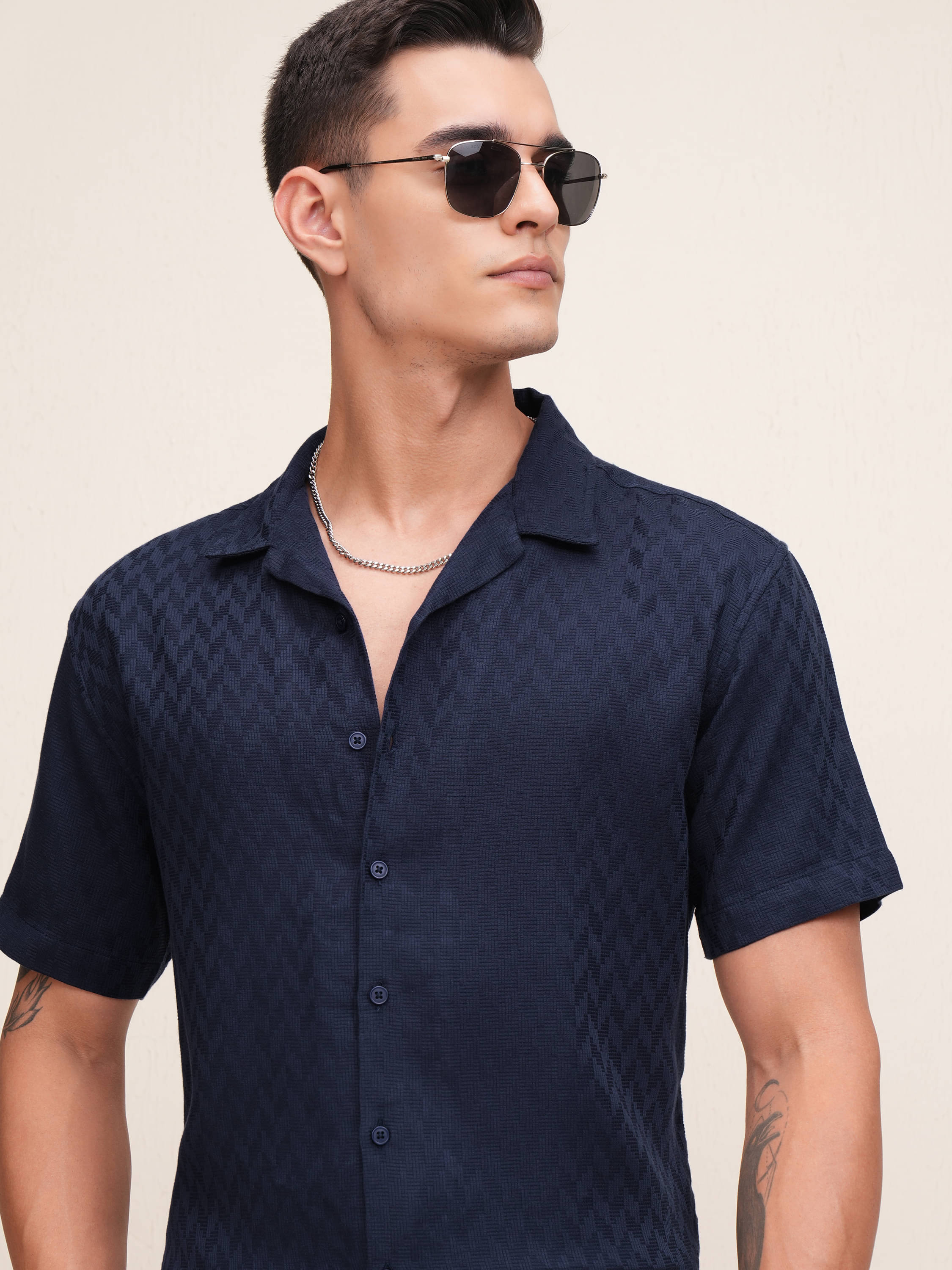 Highlander 100% Cotton Relaxed Fit Self Design Half Sleeves Men's Casual Shirt - Navy Blue ( Pack of 1 ) Highlander 100% Cotton Relaxed Fit Self Design Half Sleeves Men's Casual Shirt - Navy Blue ( Pack of 1 )
