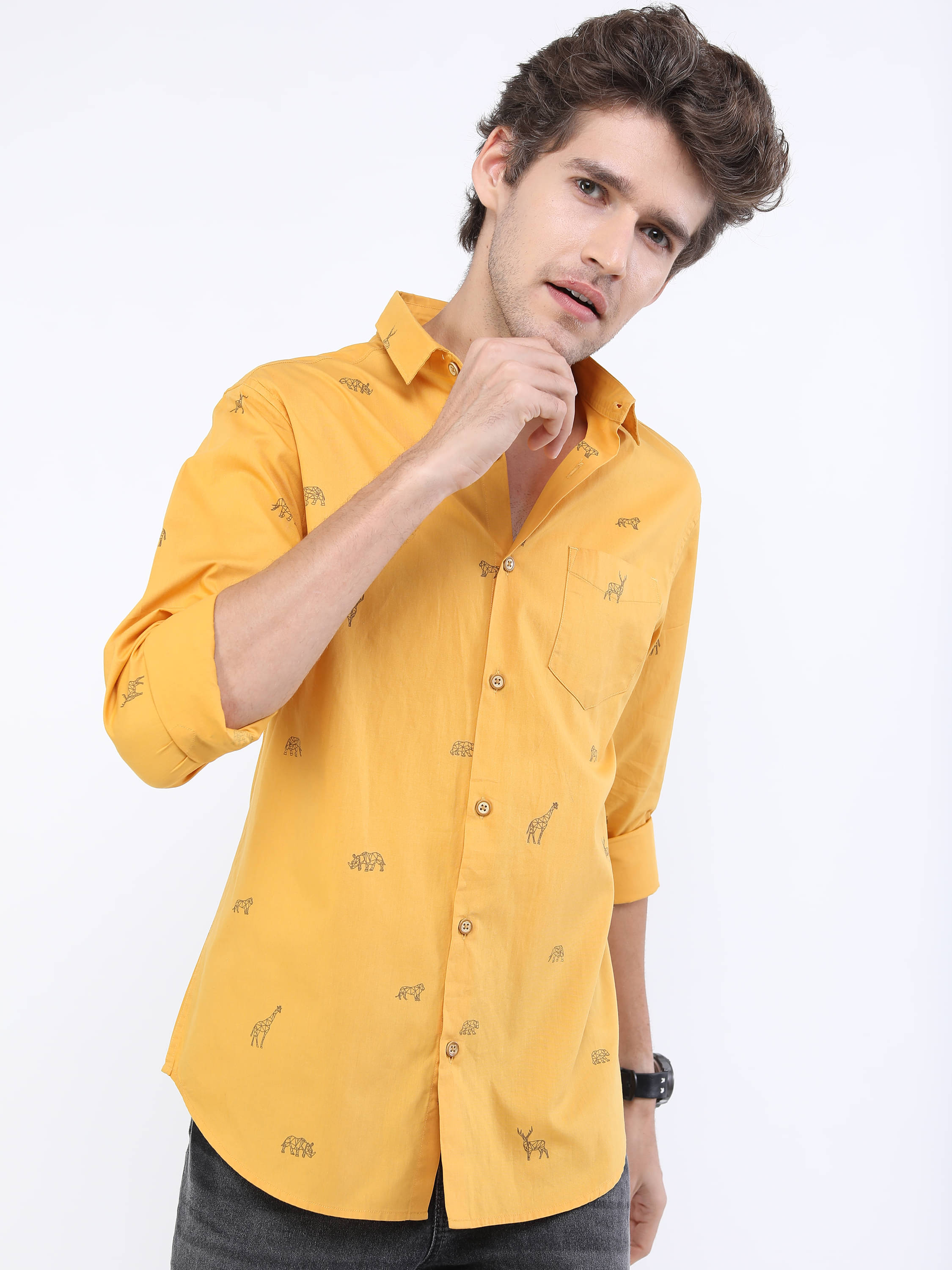     			Highlander 100% Cotton Slim Fit Printed Full Sleeves Men's Casual Shirt - Yellow ( Pack of 1 )