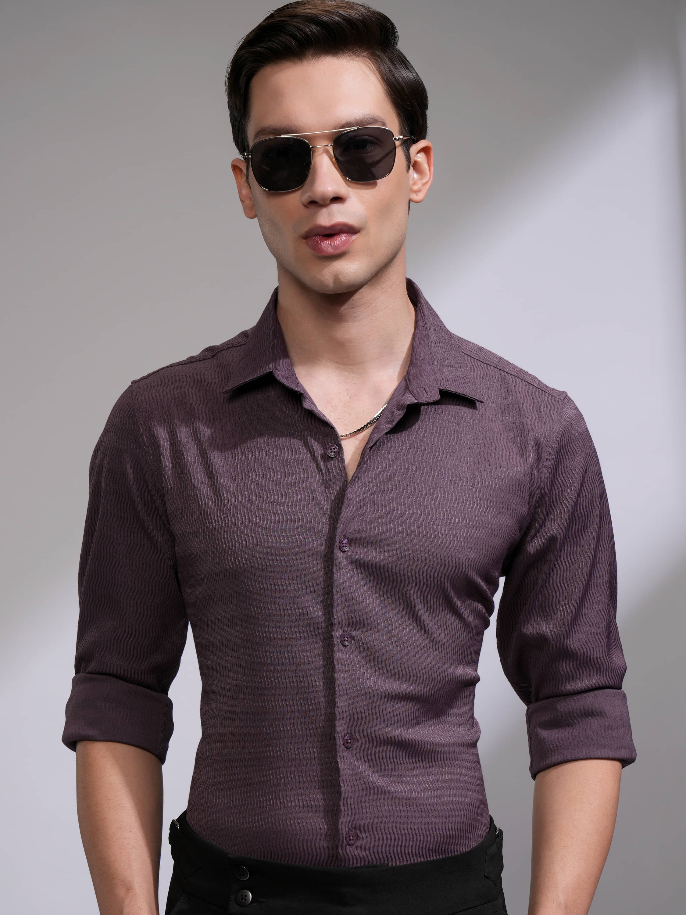     			Highlander Cotton Blend Slim Fit Self Design Full Sleeves Men's Casual Shirt - Purple ( Pack of 1 )