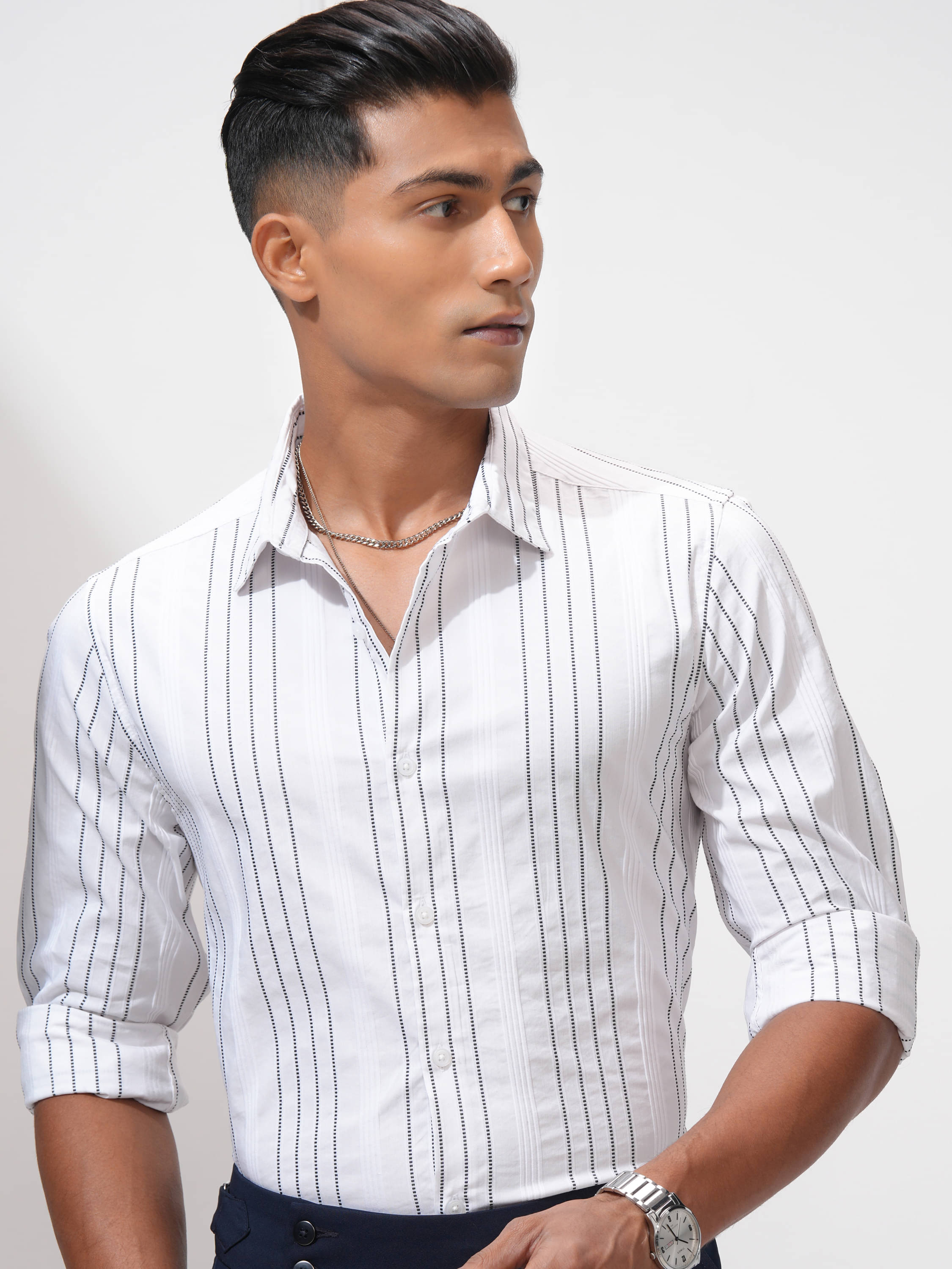     			Highlander Cotton Blend Slim Fit Striped Full Sleeves Men's Casual Shirt - White ( Pack of 1 )