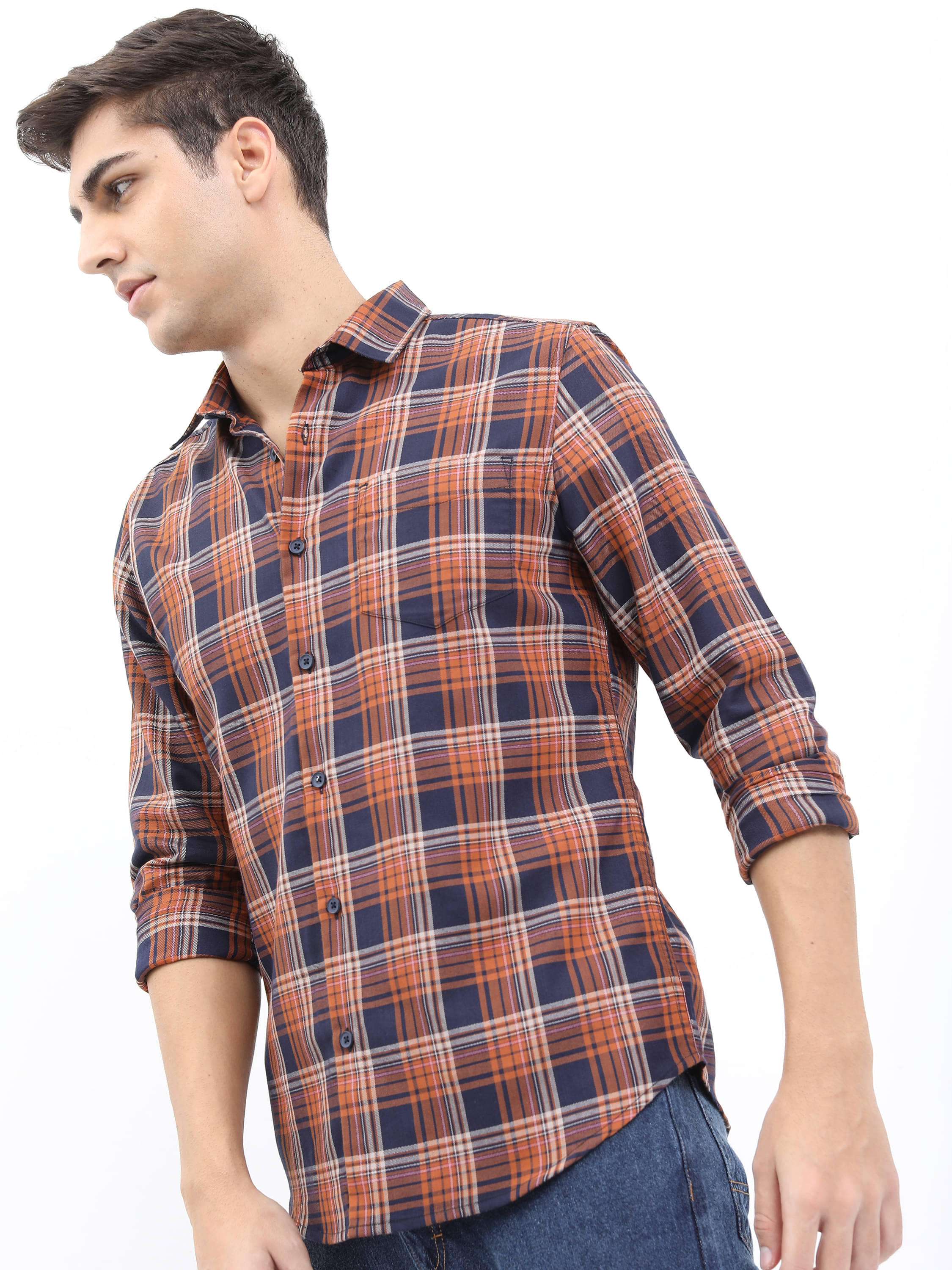     			Highlander Cotton Blend Slim Fit Checks Full Sleeves Men's Casual Shirt - Rust ( Pack of 1 )