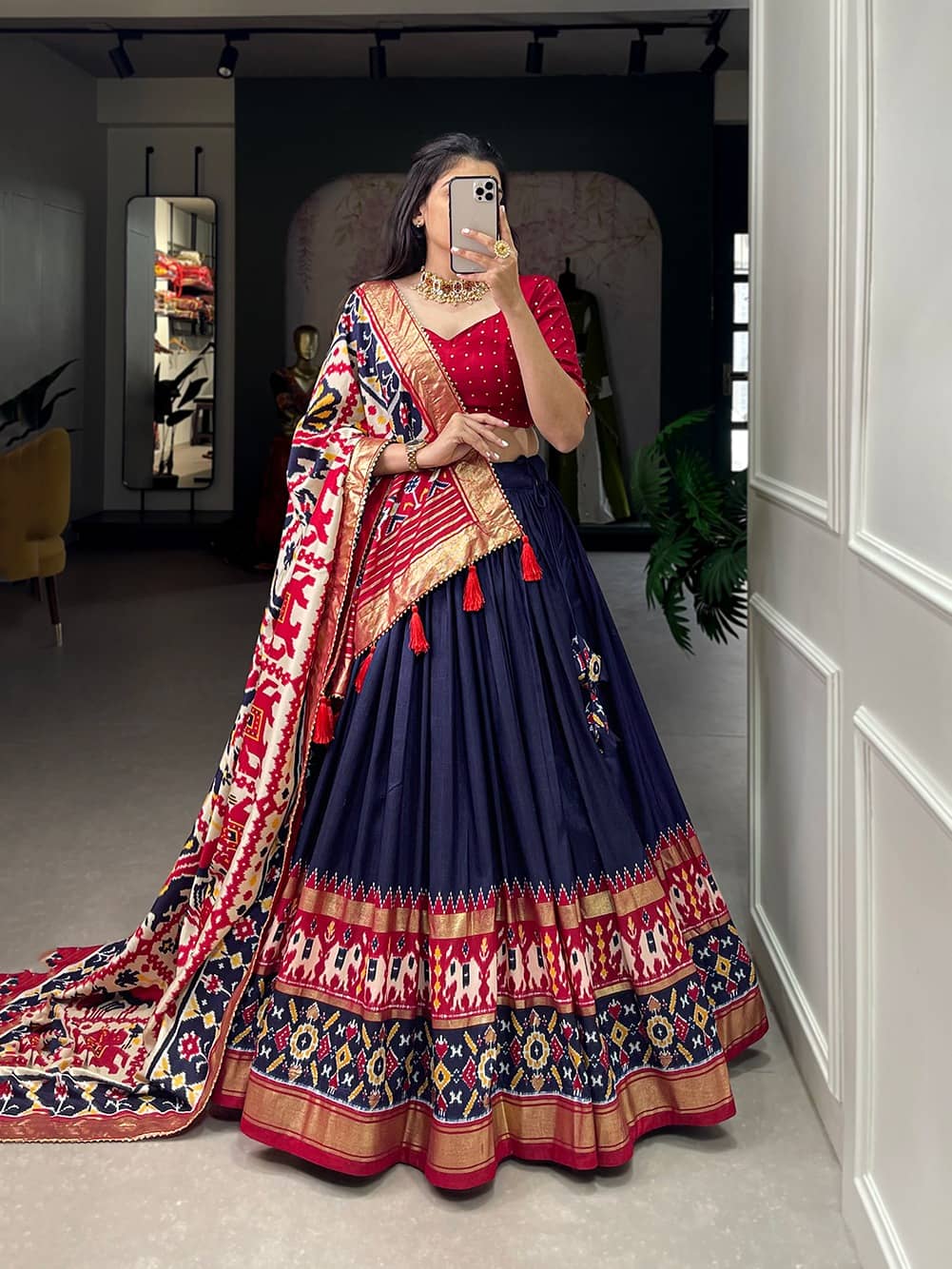 INDIAN SILKS Red Tussar Silk Flared Ready To Wear Lehenga