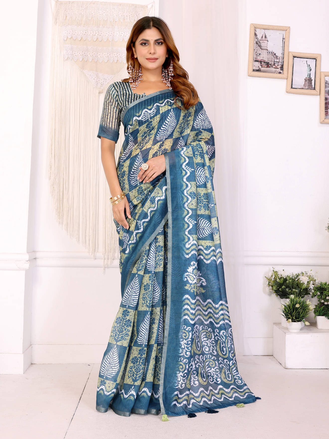     			INDIAN SILKS Chanderi Printed Banarasi saree With Unstitched Blouse Piece ( Blue )