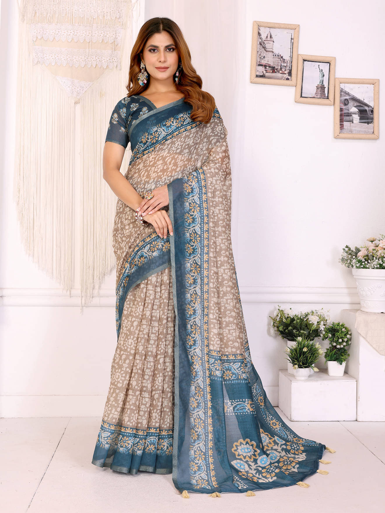 INDIAN SILKS Chanderi Printed Banarasi saree With Unstitched Blouse Piece ( Blue ) INDIAN SILKS Chanderi Printed Banarasi saree With Unstitched Blouse Piece ( Blue )