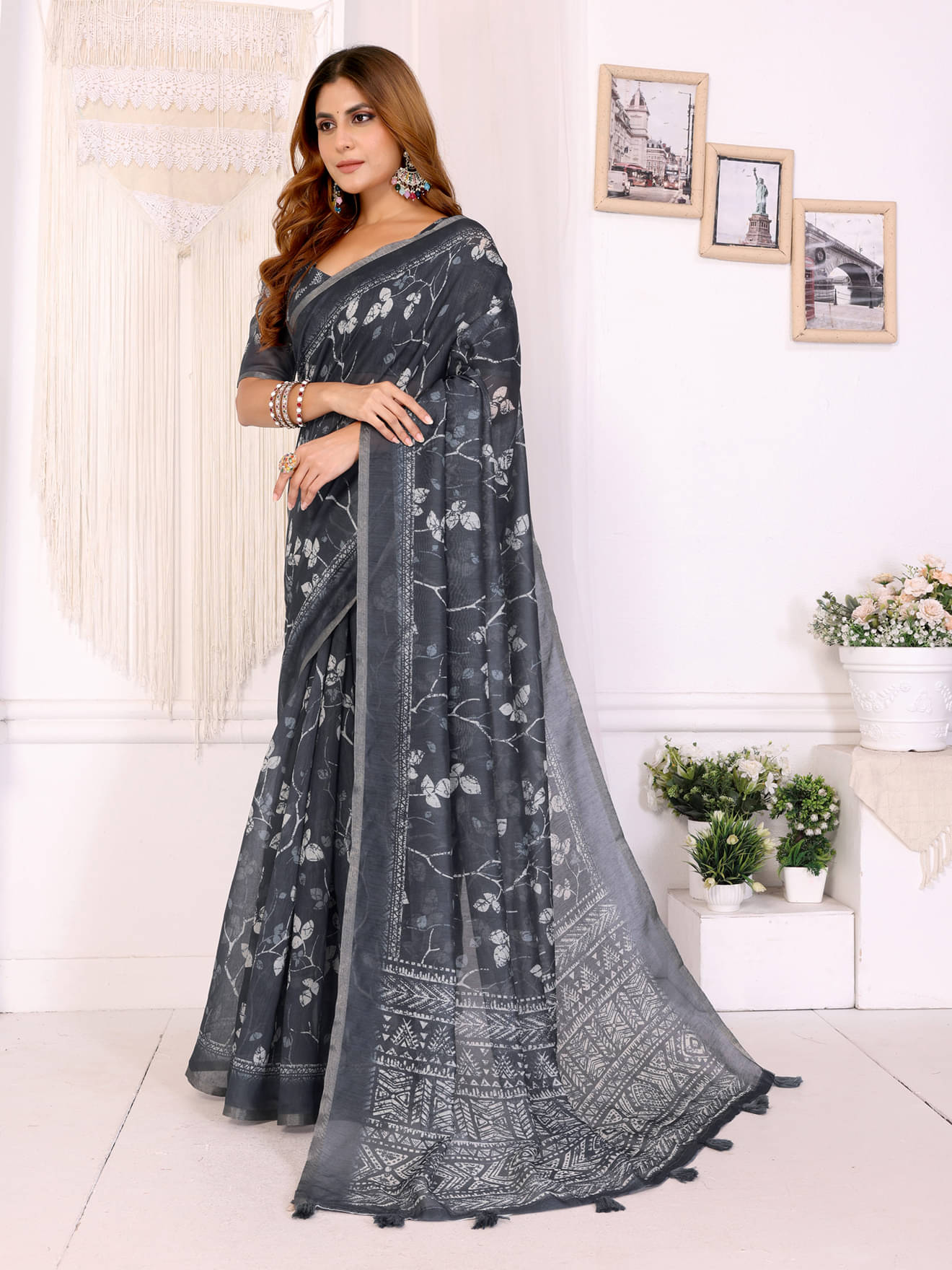 INDIAN SILKS Chanderi Printed Banarasi saree With Unstitched Blouse Piece ( Black ) INDIAN SILKS Chanderi Printed Banarasi saree With Unstitched Blouse Piece ( Black )