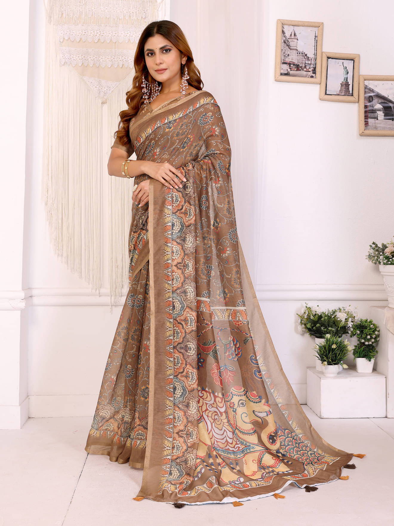 INDIAN SILKS Chanderi Printed Banarasi saree With Unstitched Blouse Piece ( Brown ) INDIAN SILKS Chanderi Printed Banarasi saree With Unstitched Blouse Piece ( Brown )