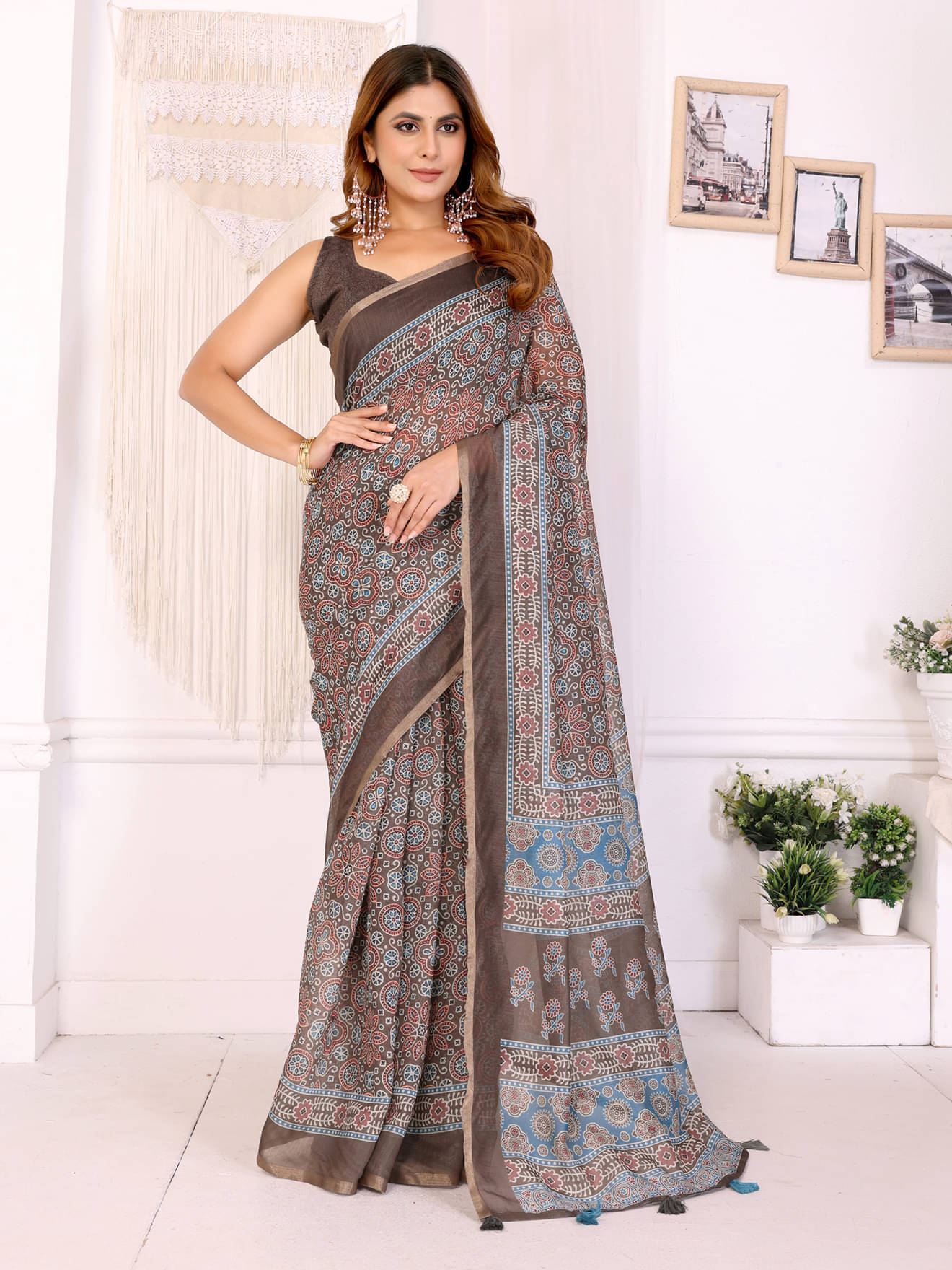 INDIAN SILKS Chanderi Printed Banarasi saree With Unstitched Blouse Piece ( Coffee ) INDIAN SILKS Chanderi Printed Banarasi saree With Unstitched Blouse Piece ( Coffee )