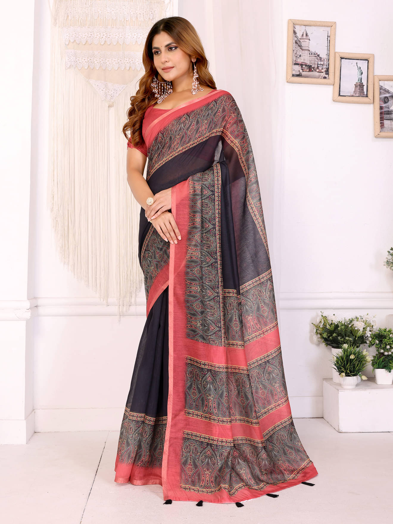INDIAN SILKS Chanderi Printed Banarasi saree With Unstitched Blouse Piece ( Navy Blue )     			INDIAN SILKS Chanderi Printed Banarasi saree With Unstitched Blouse Piece ( Navy Blue )