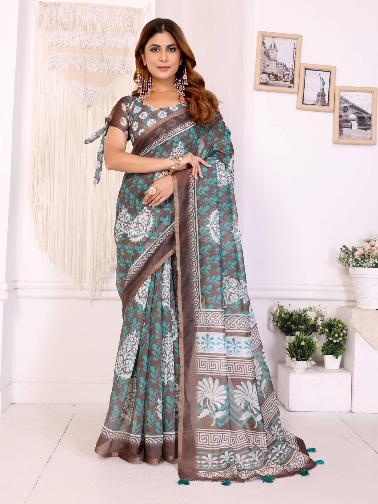 INDIAN SILKS Chanderi Printed Banarasi saree With Unstitched Blouse Piece ( Olive ) INDIAN SILKS Chanderi Printed Banarasi saree With Unstitched Blouse Piece ( Olive )