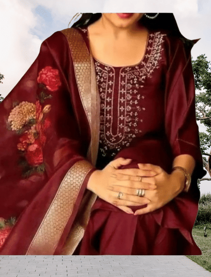    			KRISHNA ENTERPRISE Women Cotton Blend Embroidered A-line Kurti With Salwar ( Maroon )