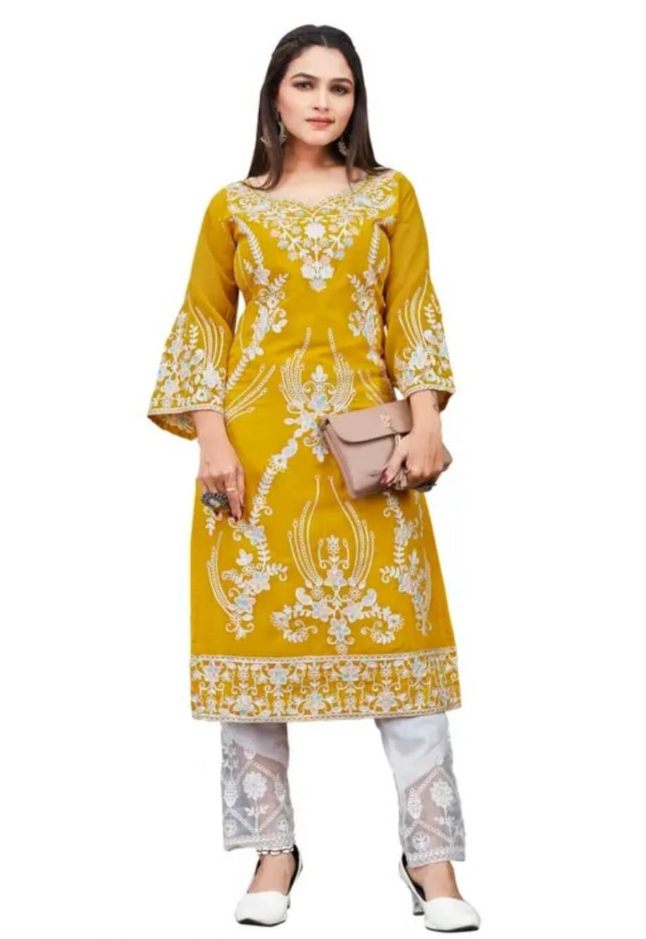     			KRUJ BRIDAL Women Georgette Dyed A-line Kurti ( Mustard )