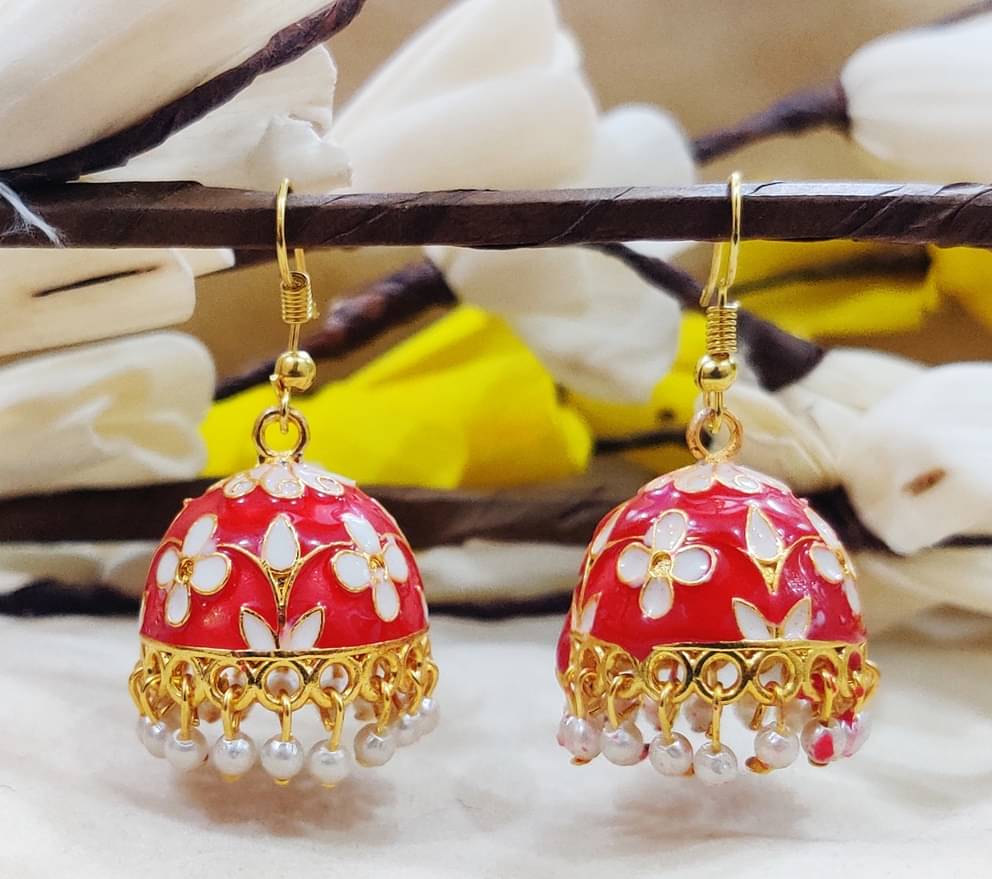     			MONKDECOR Red Jhumki Earrings ( Pack of 1 )