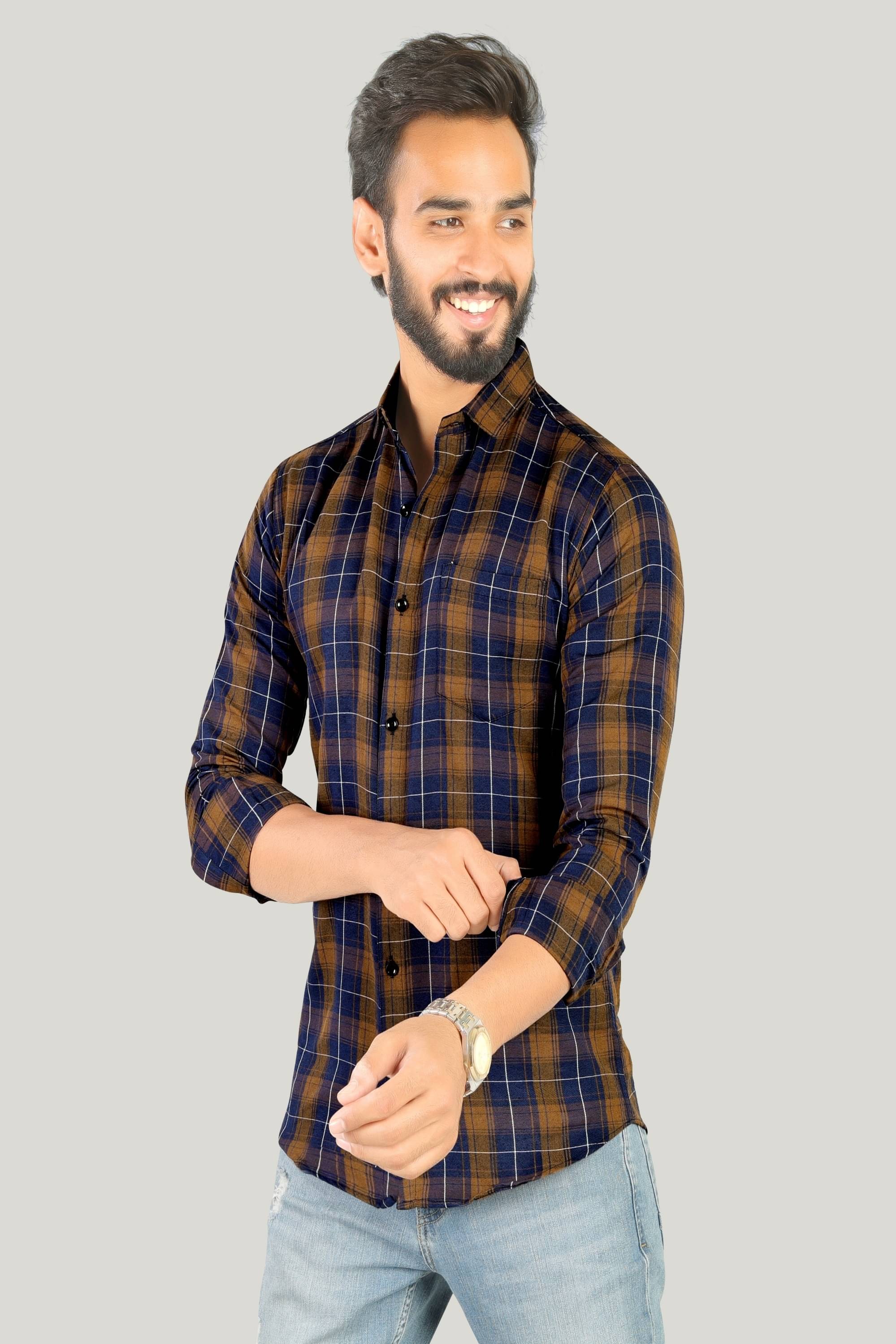     			MOUDLIN Cotton Blend Slim Fit Checks Full Sleeves Men's Casual Shirt - Brown ( Pack of 1 )