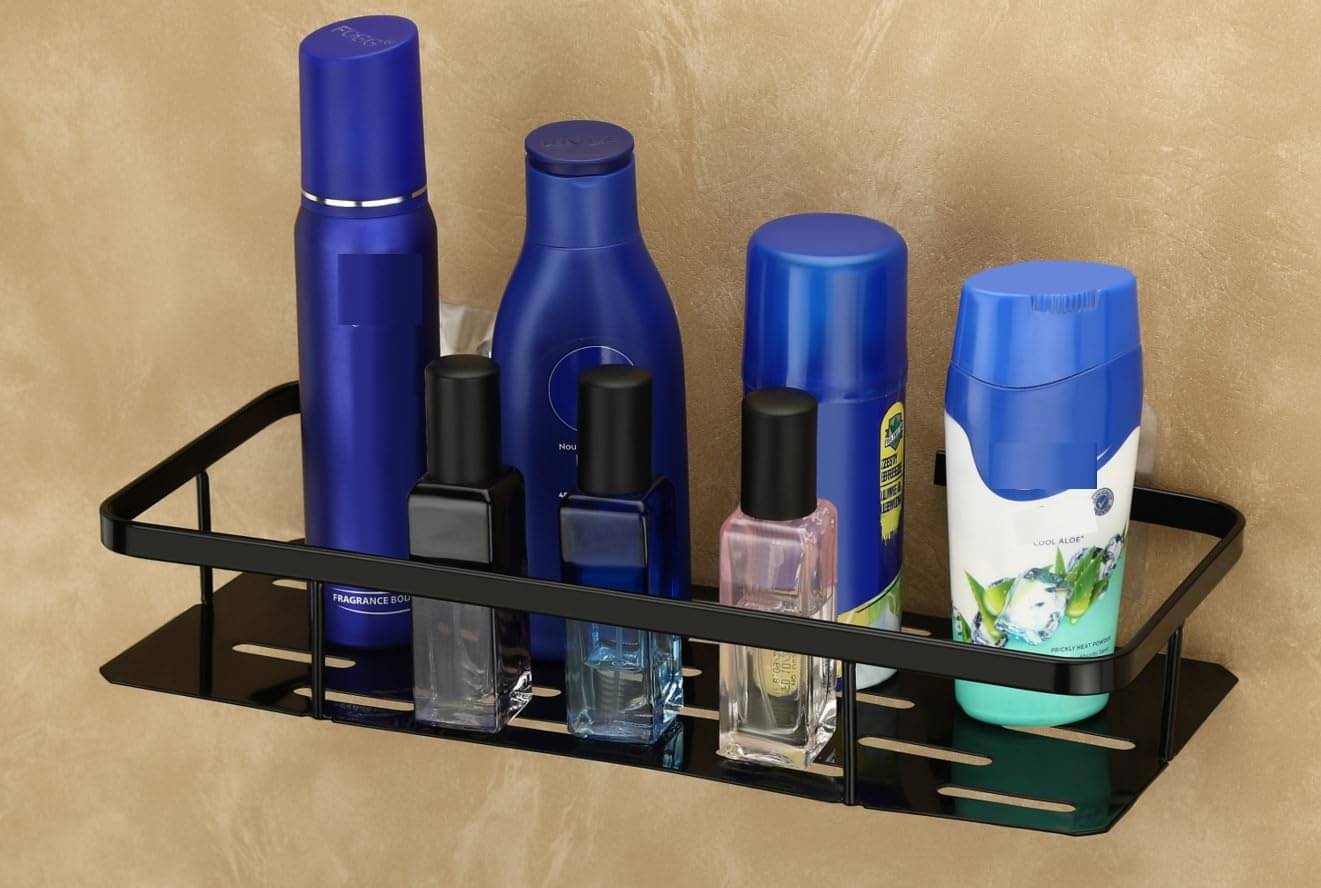     			NCMART Self-Adhesive Multipurpose Wall Mounted Metal Bathroom Shelf Rack with Magic Sticker for Kitchen, Space Saving Organizer Shelf Wall Stand (Black, Pack of 1)