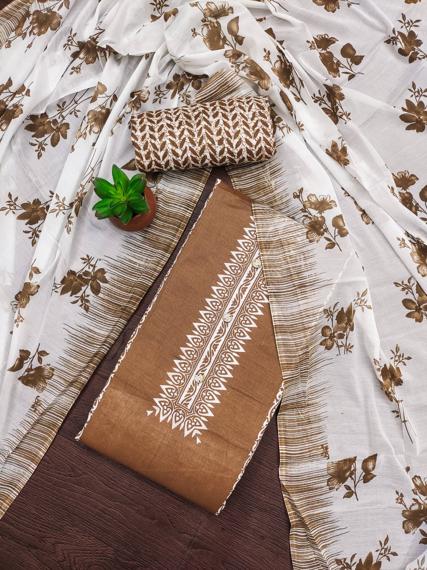 PANZORA Women Cotton Blend Unstitched Dress Material ( Brown )     			PANZORA Women Cotton Blend Unstitched Dress Material ( Brown )