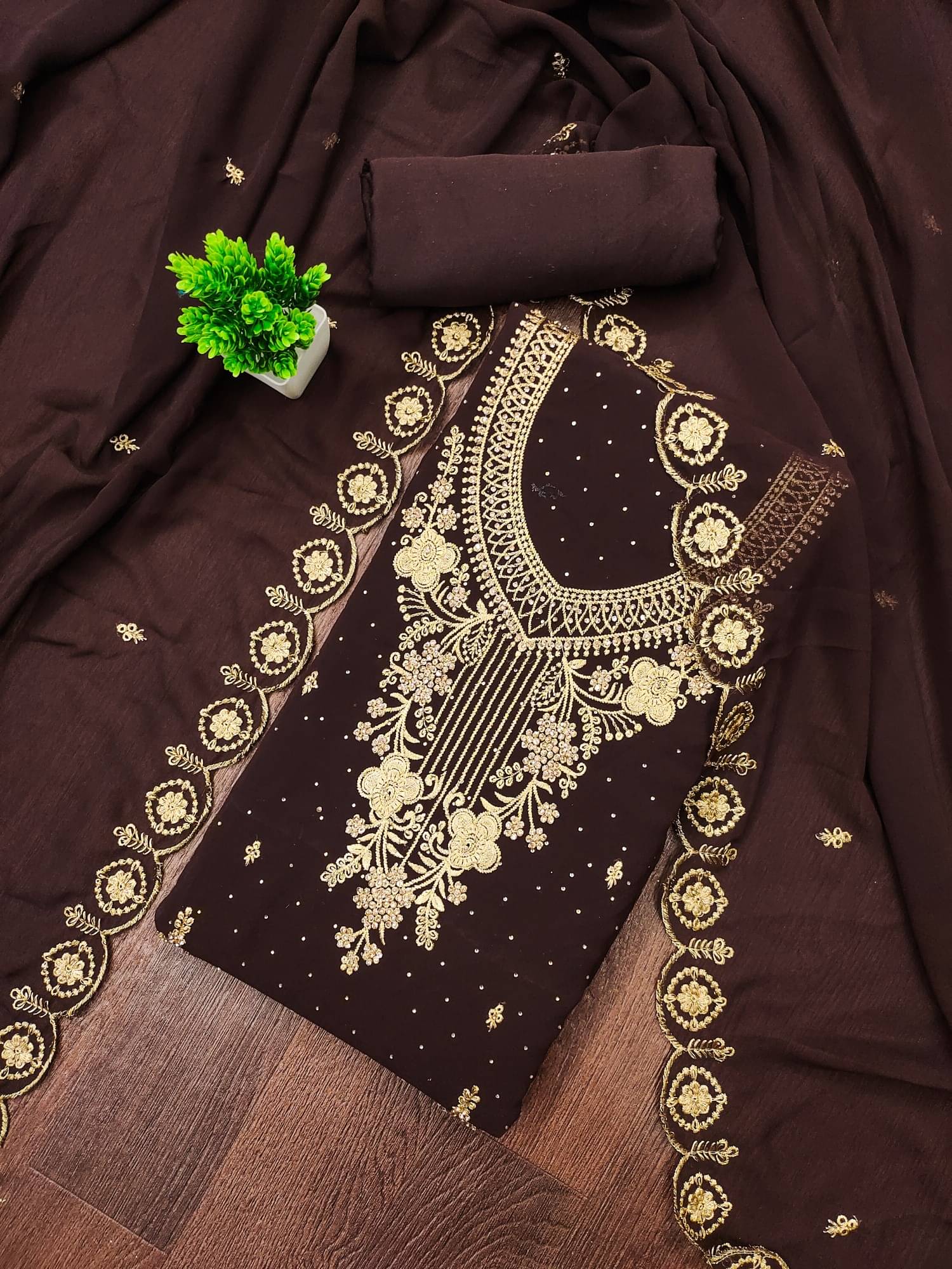     			PANZORA Women Georgette Unstitched Dress Material ( Brown )