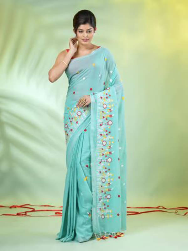     			PIYARI FASHION Cotton Embroidered Regular Saree With Unstitched Blouse Piece ( Sky Blue )