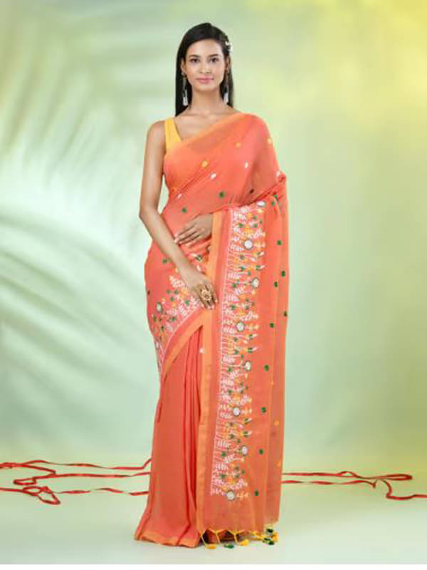     			PIYARI FASHION Cotton Embroidered Regular Saree With Unstitched Blouse Piece ( Orange )