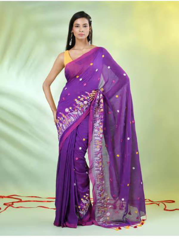     			PIYARI FASHION Cotton Embroidered Regular Saree With Unstitched Blouse Piece ( Purple )