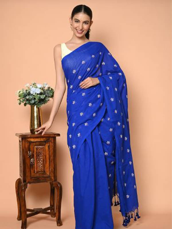     			PIYARI FASHION Cotton Embroidered Regular Saree With Unstitched Blouse Piece ( Blue )